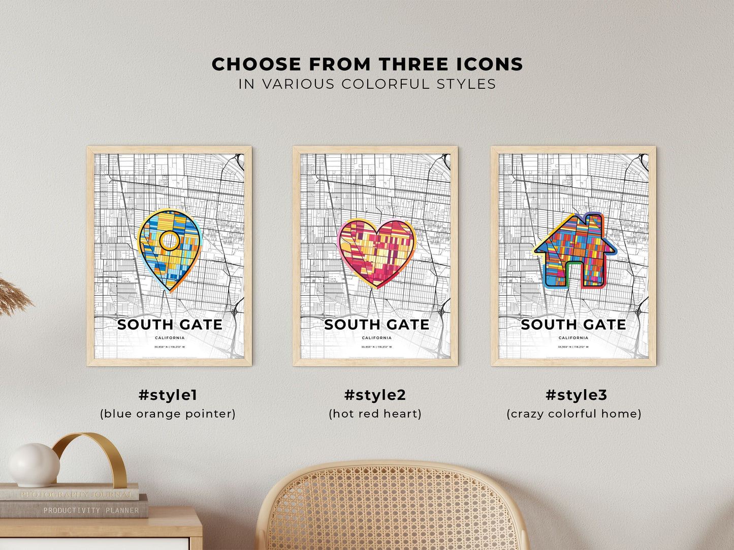 South Gate California maps with colorful icons