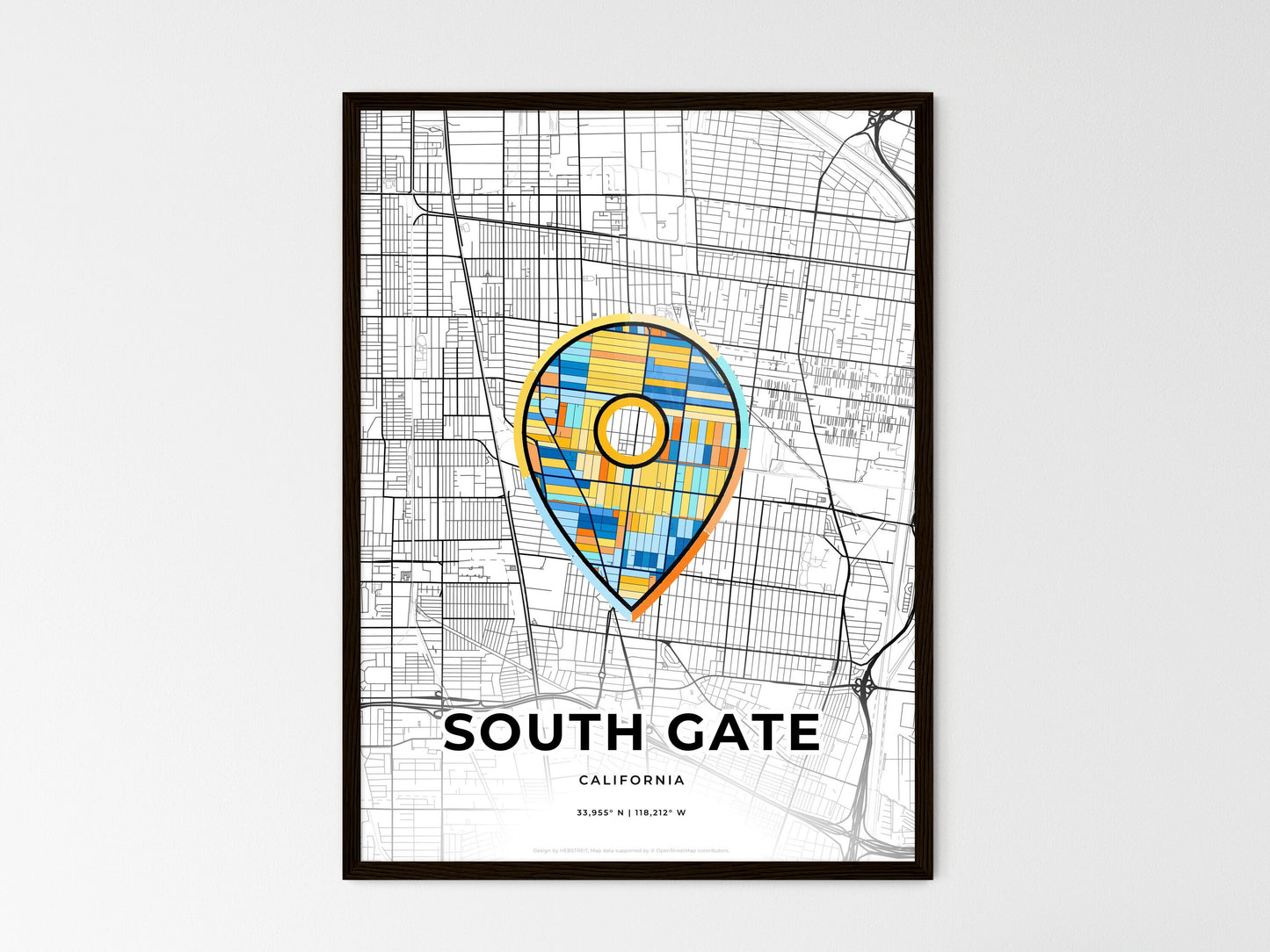 South Gate California wedding art map with pointer icon