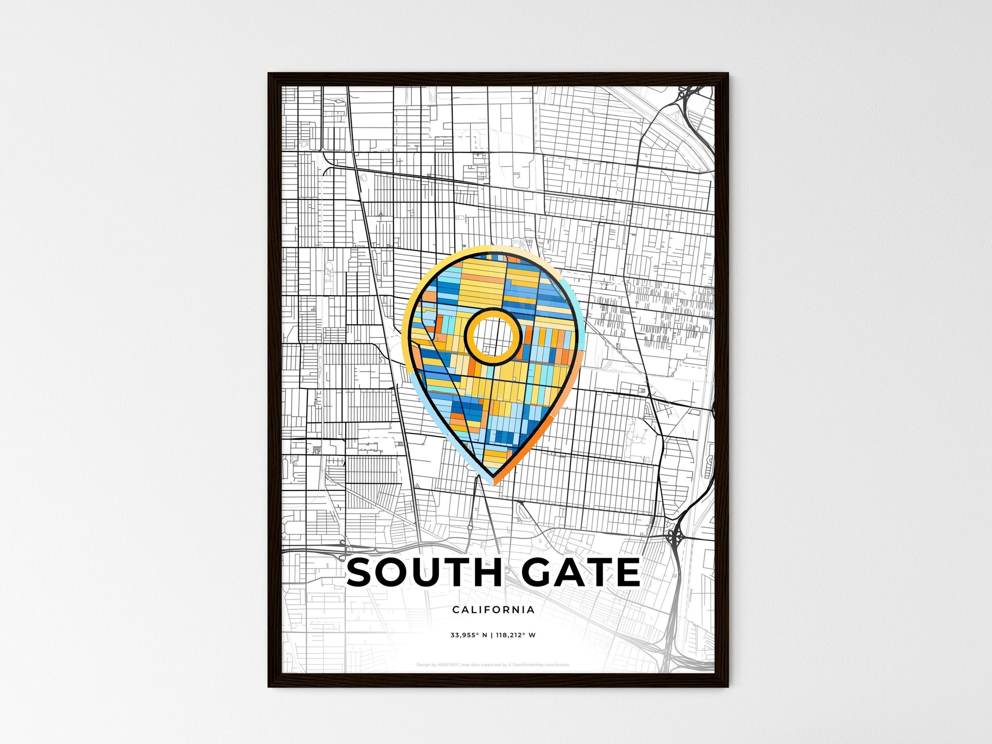 South Gate California wedding art map with pointer icon