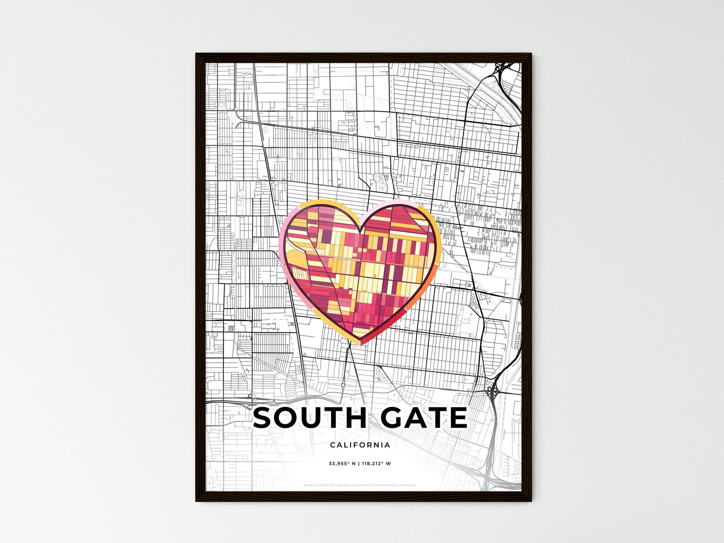 South Gate California wedding art map with heart icon