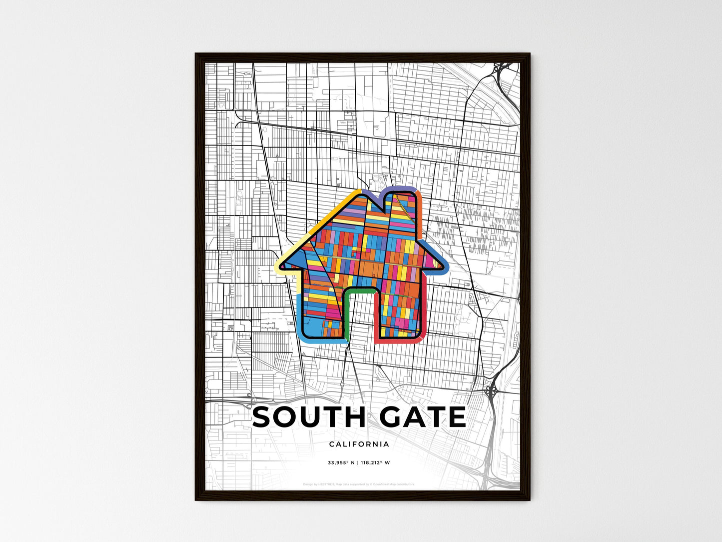 South Gate California wedding art map with home icon