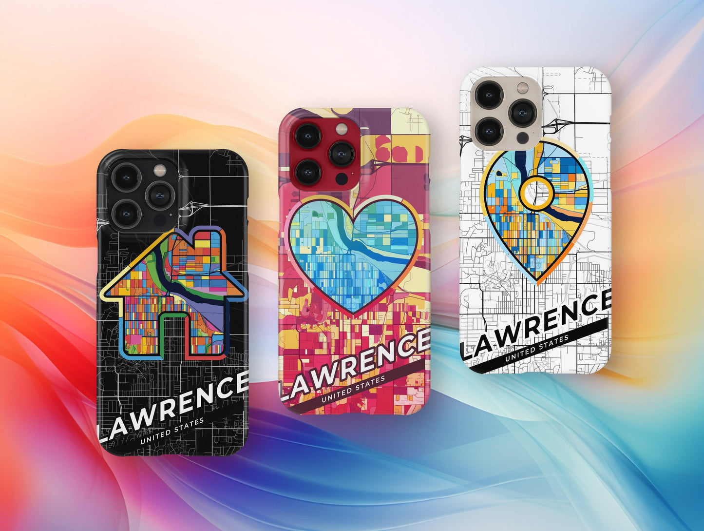 Lawrence Kansas slim phone case with colorful icon. Birthday, wedding or housewarming gift. Couple match cases.