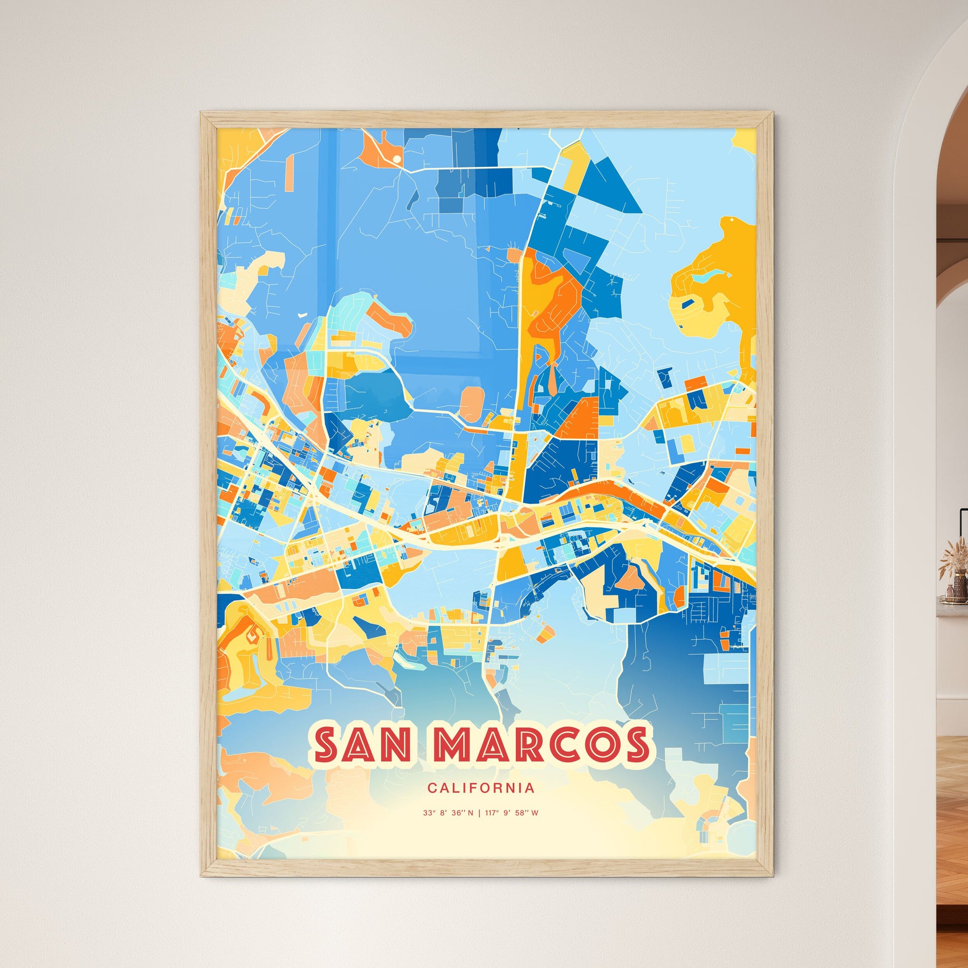 Colorful San Marcos California Fine Art Map Blue Orange