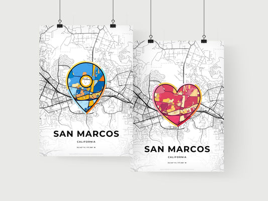 SAN MARCOS CALIFORNIA minimal art map with a colorful icon. Where it all began, Couple map gift.