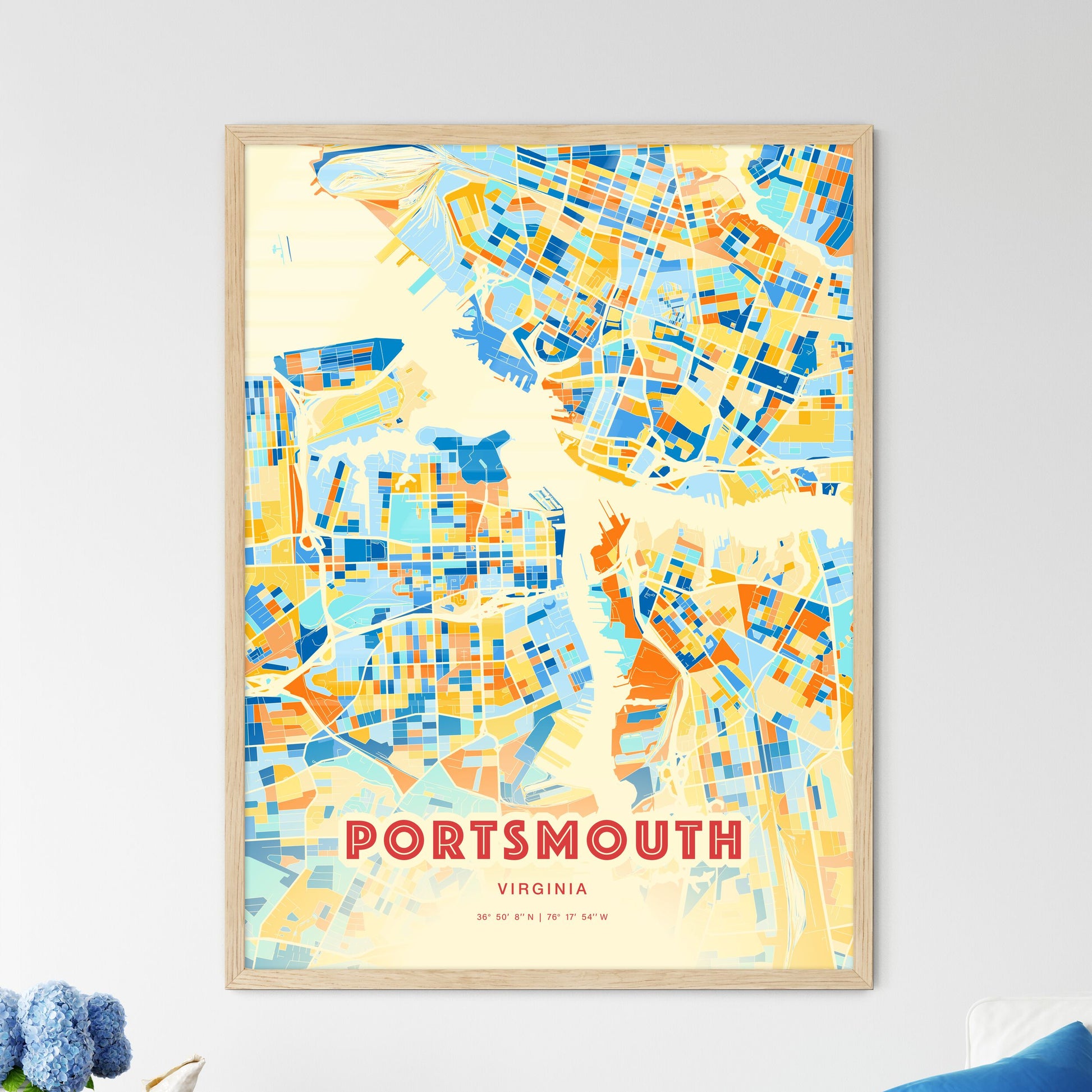 Colorful Portsmouth Virginia Fine Art Map Blue Orange