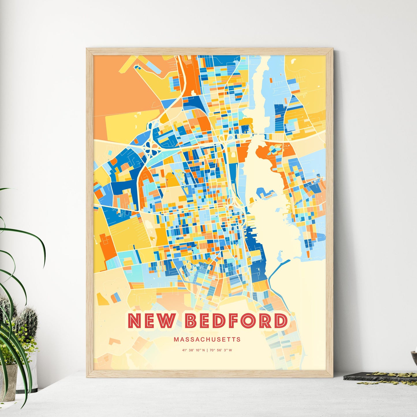 Colorful New Bedford Massachusetts Fine Art Map Blue Orange