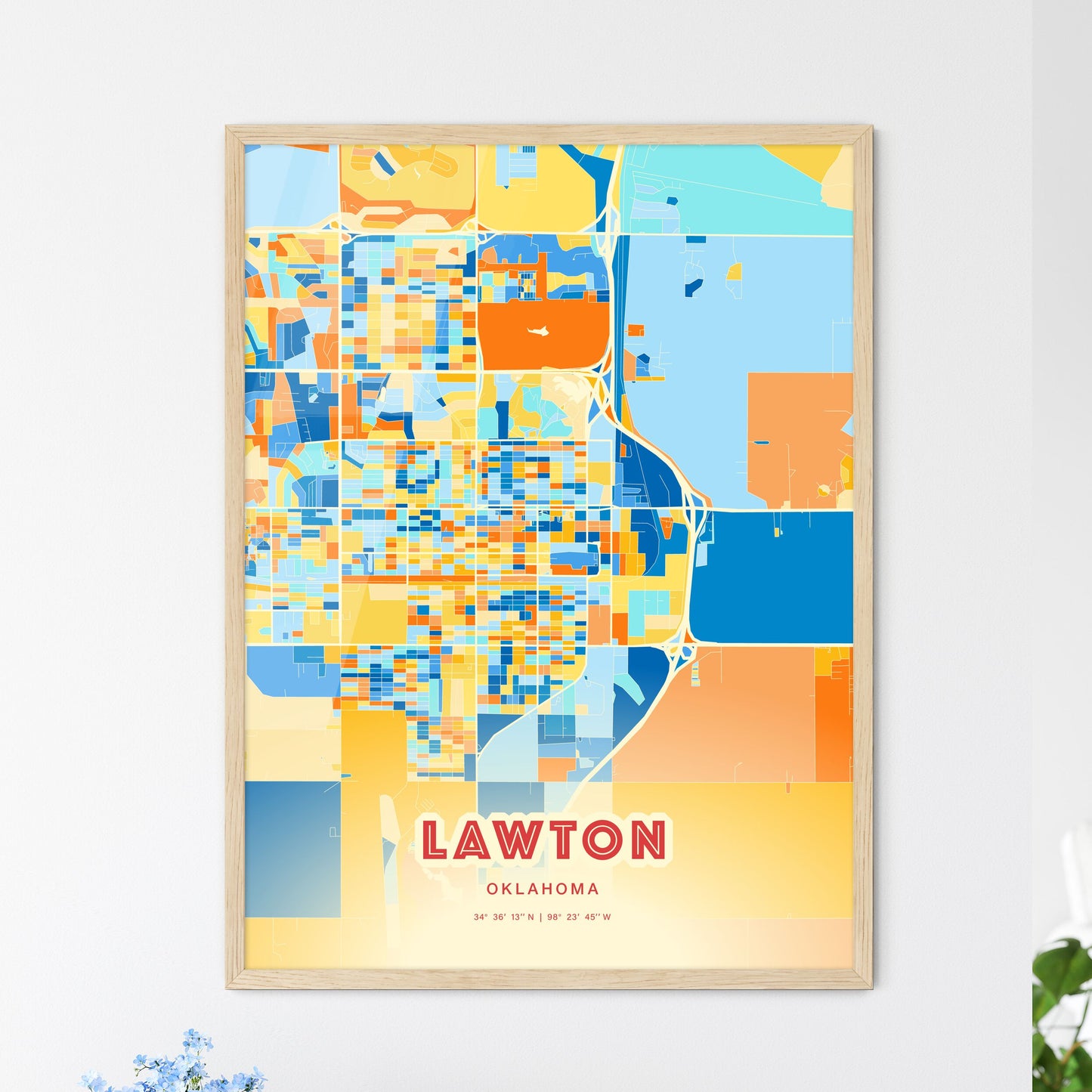 Colorful Lawton Oklahoma Fine Art Map Blue Orange