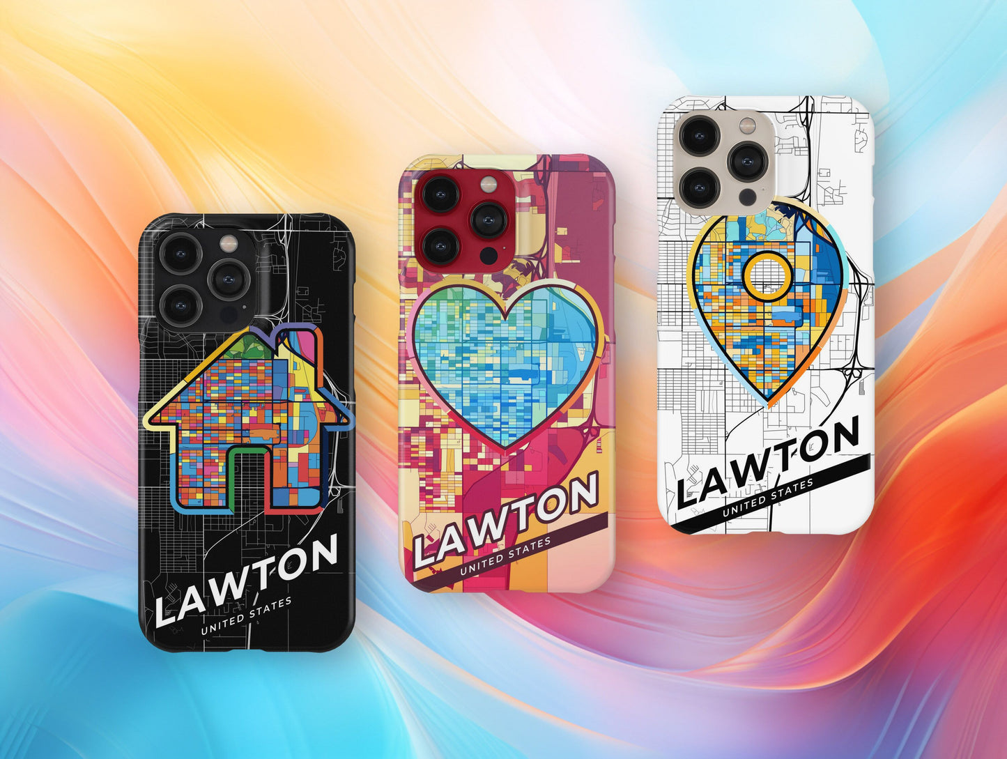Lawton Oklahoma slim phone case with colorful icon. Birthday, wedding or housewarming gift. Couple match cases.
