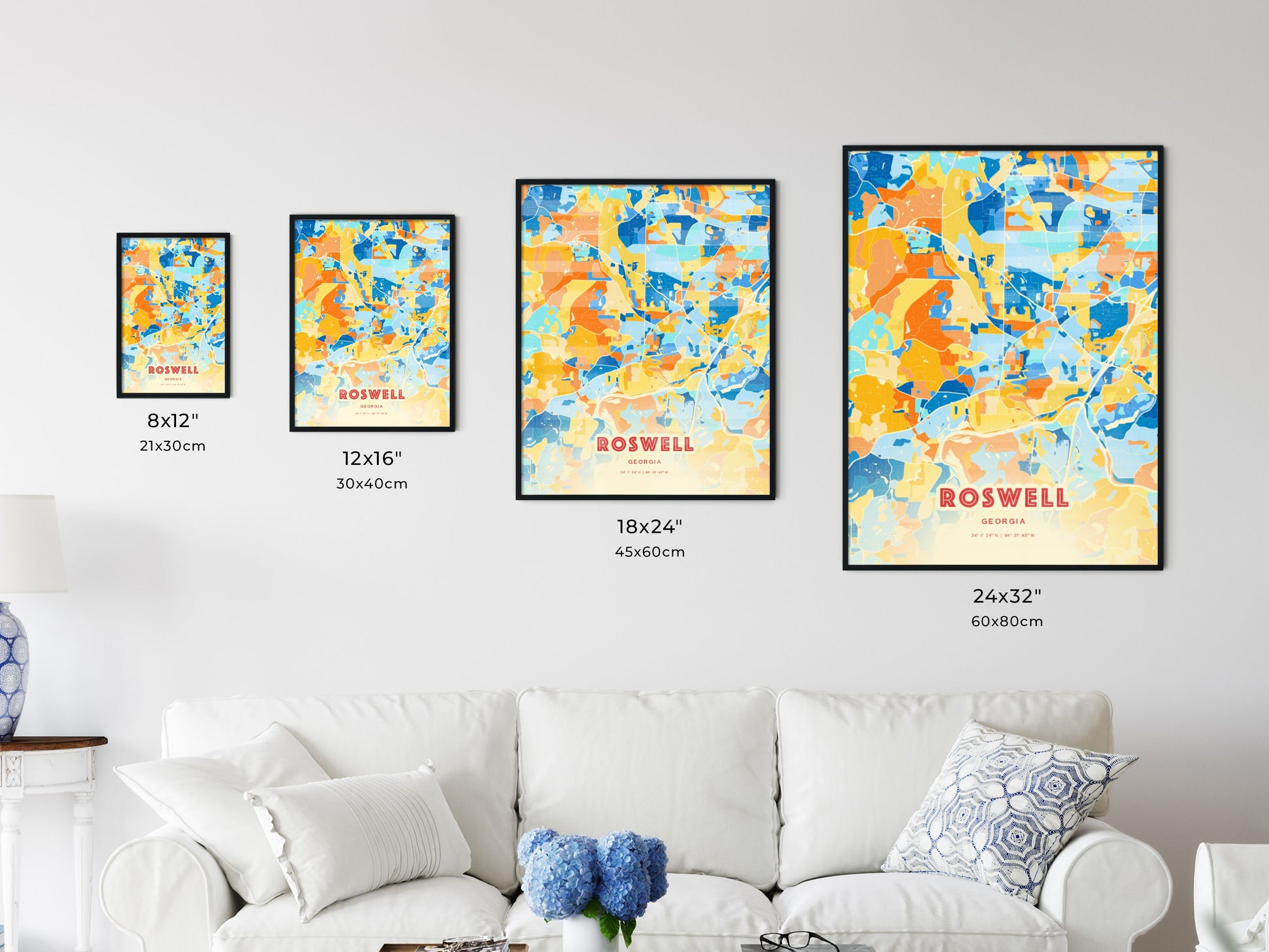 Colorful ROSWELL GEORGIA Fine Art Map Blue Orange