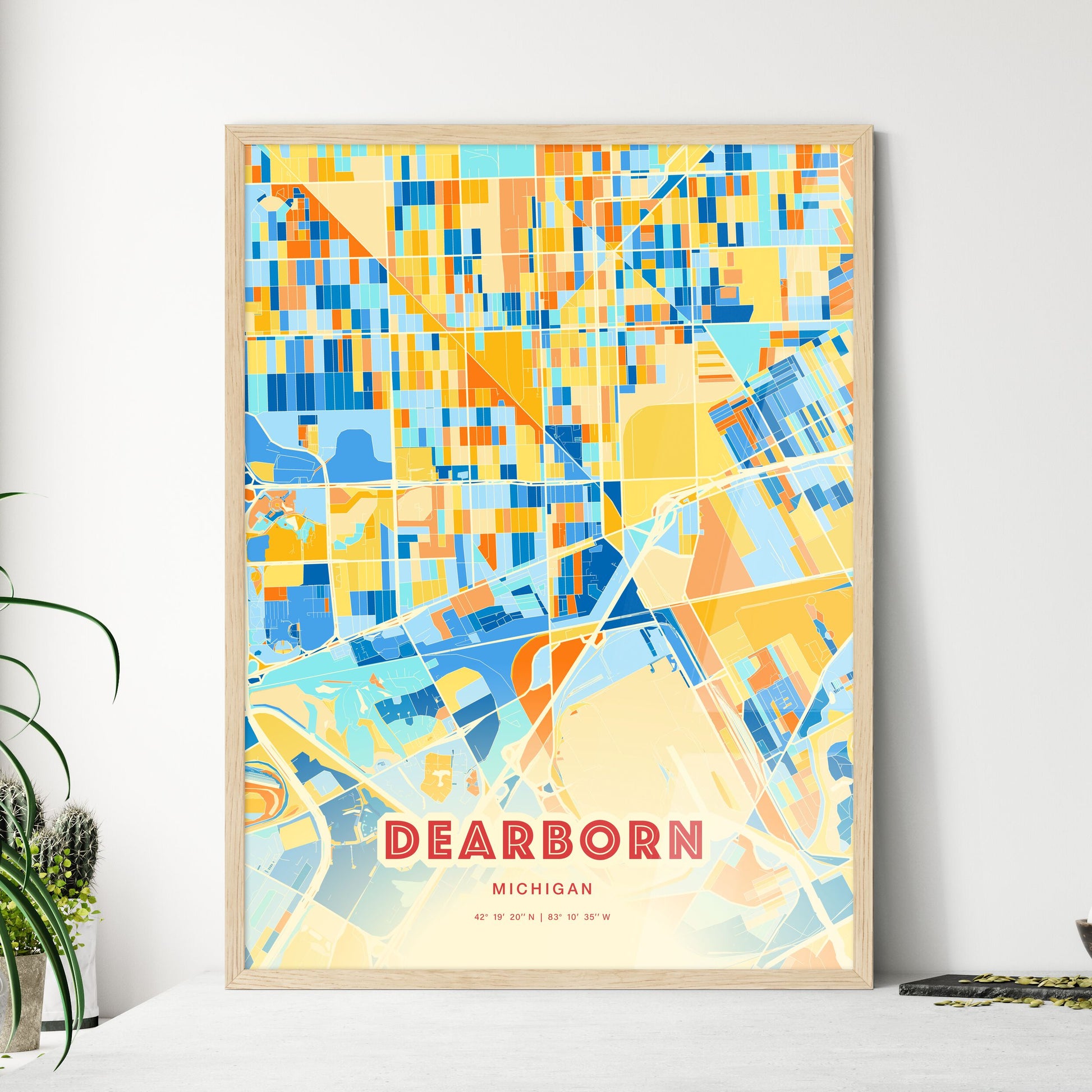 Colorful DEARBORN MICHIGAN Fine Art Map Blue Orange