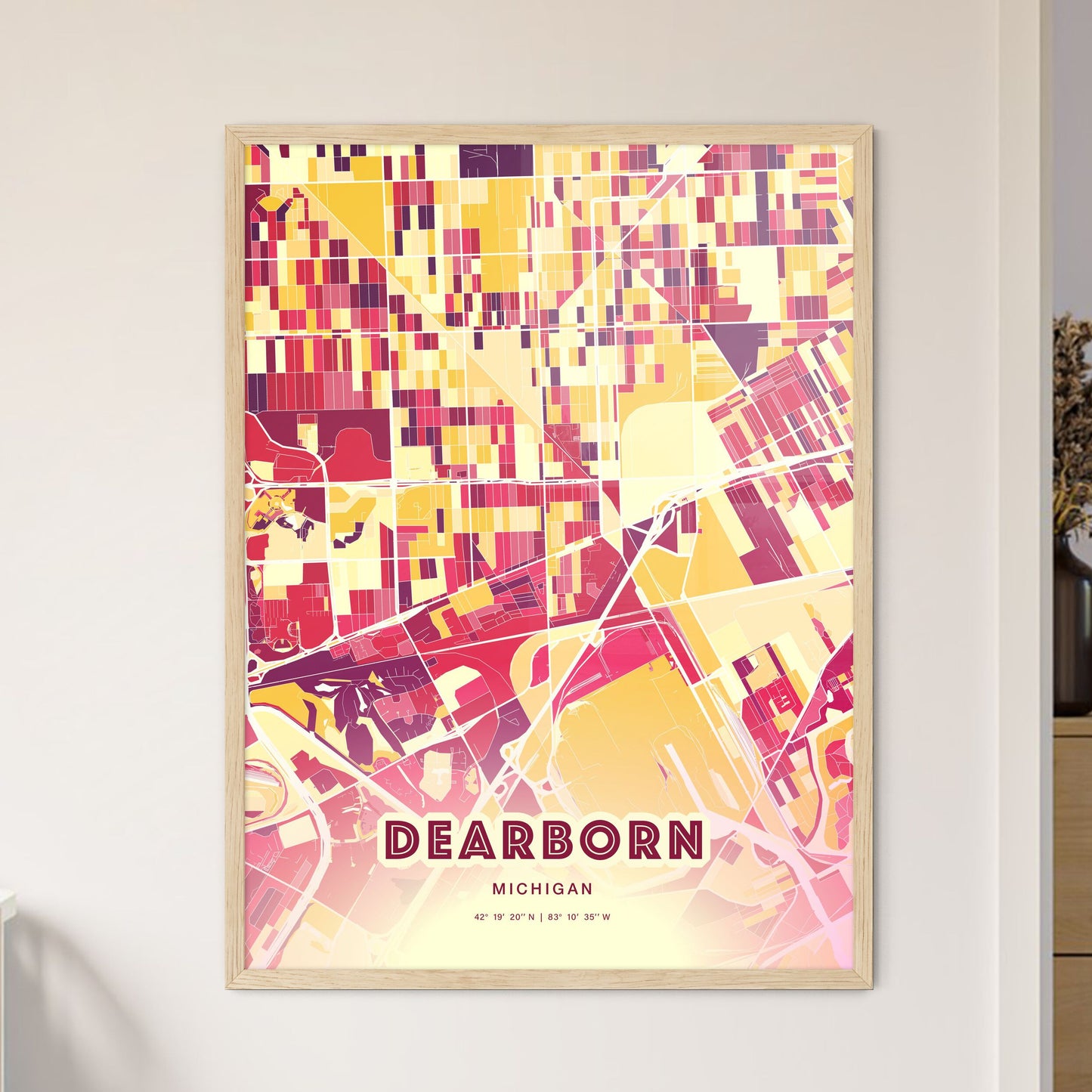 Colorful DEARBORN MICHIGAN Fine Art Map Hot Red