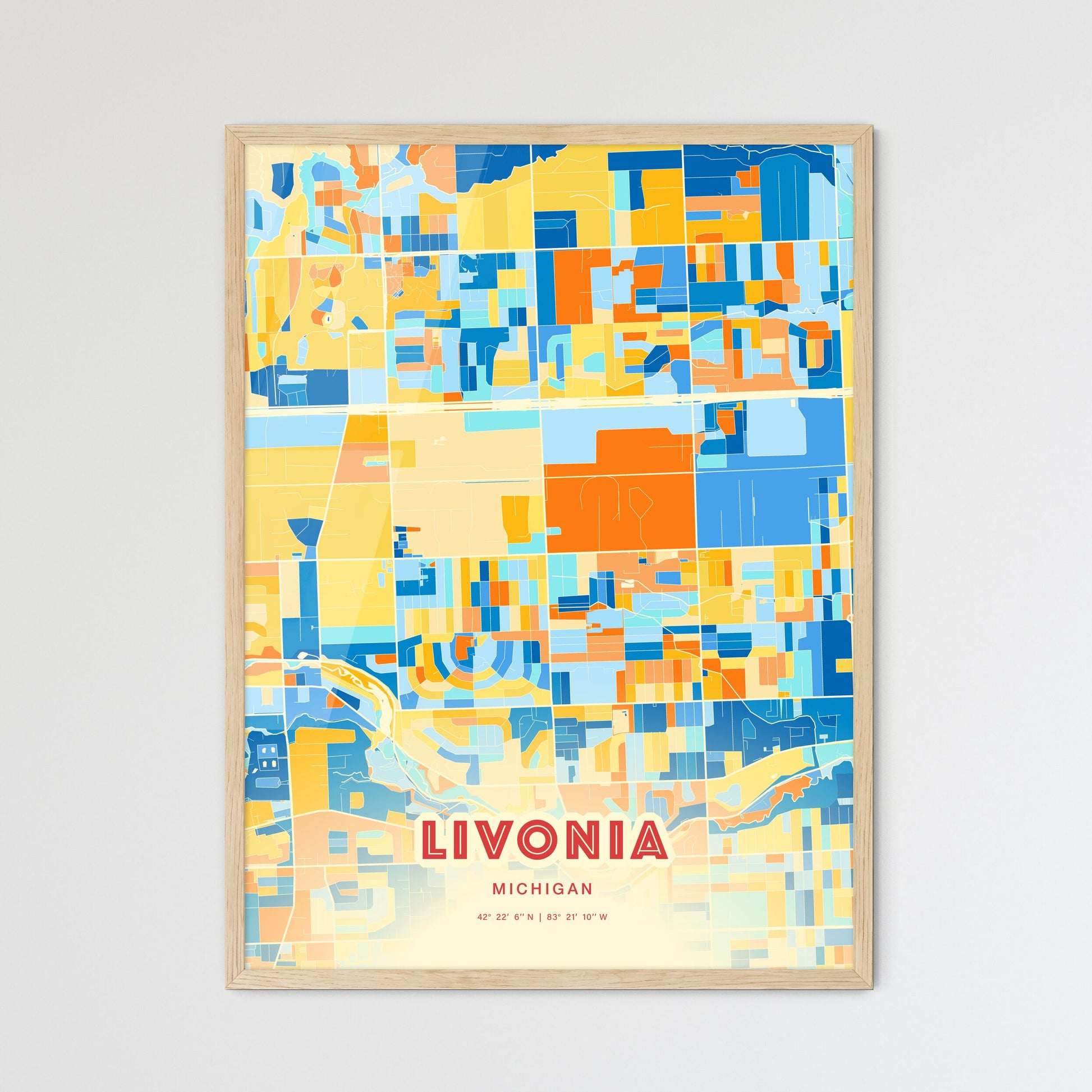 Colorful LIVONIA MICHIGAN Fine Art Map Blue Orange