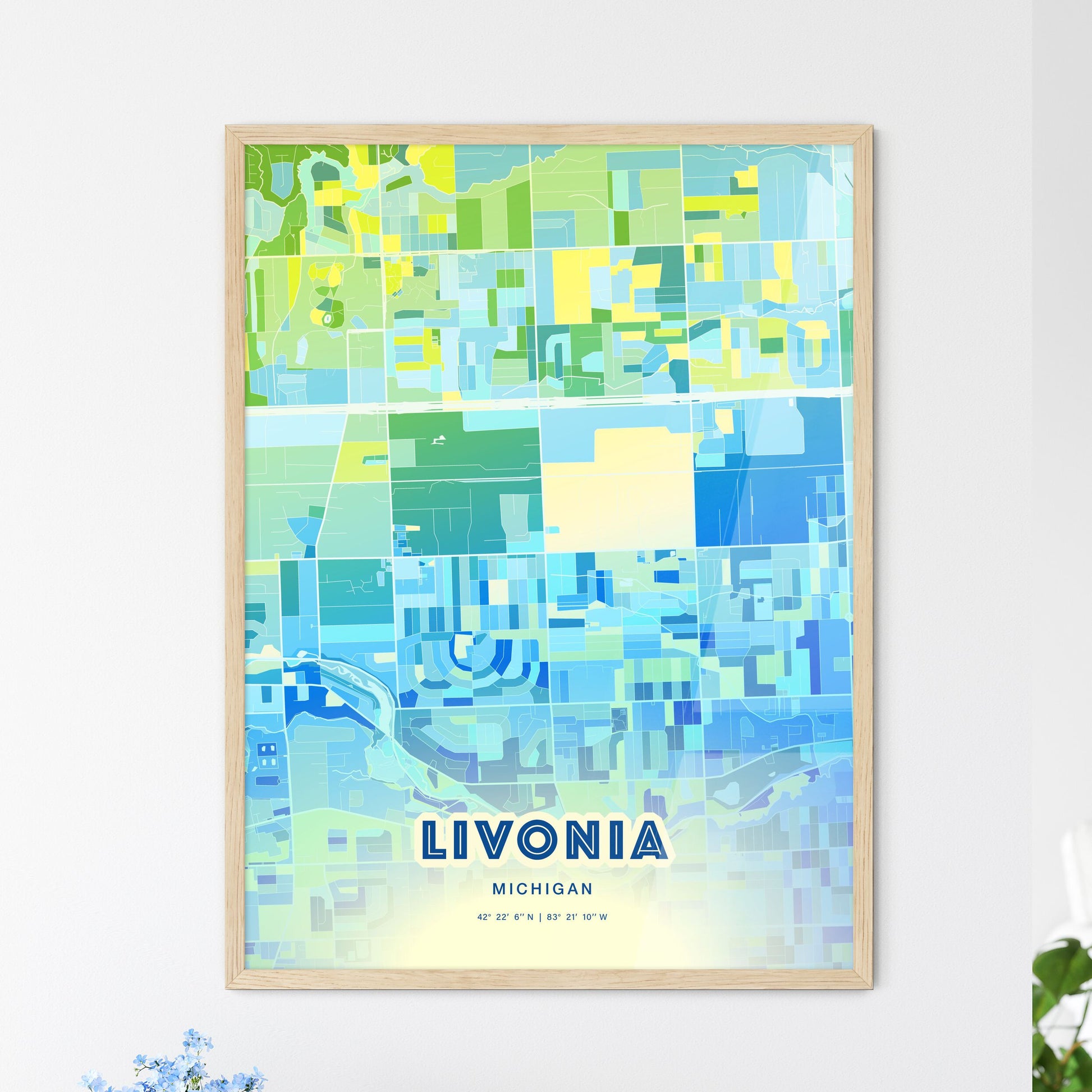 Colorful LIVONIA MICHIGAN Fine Art Map Cool Blue