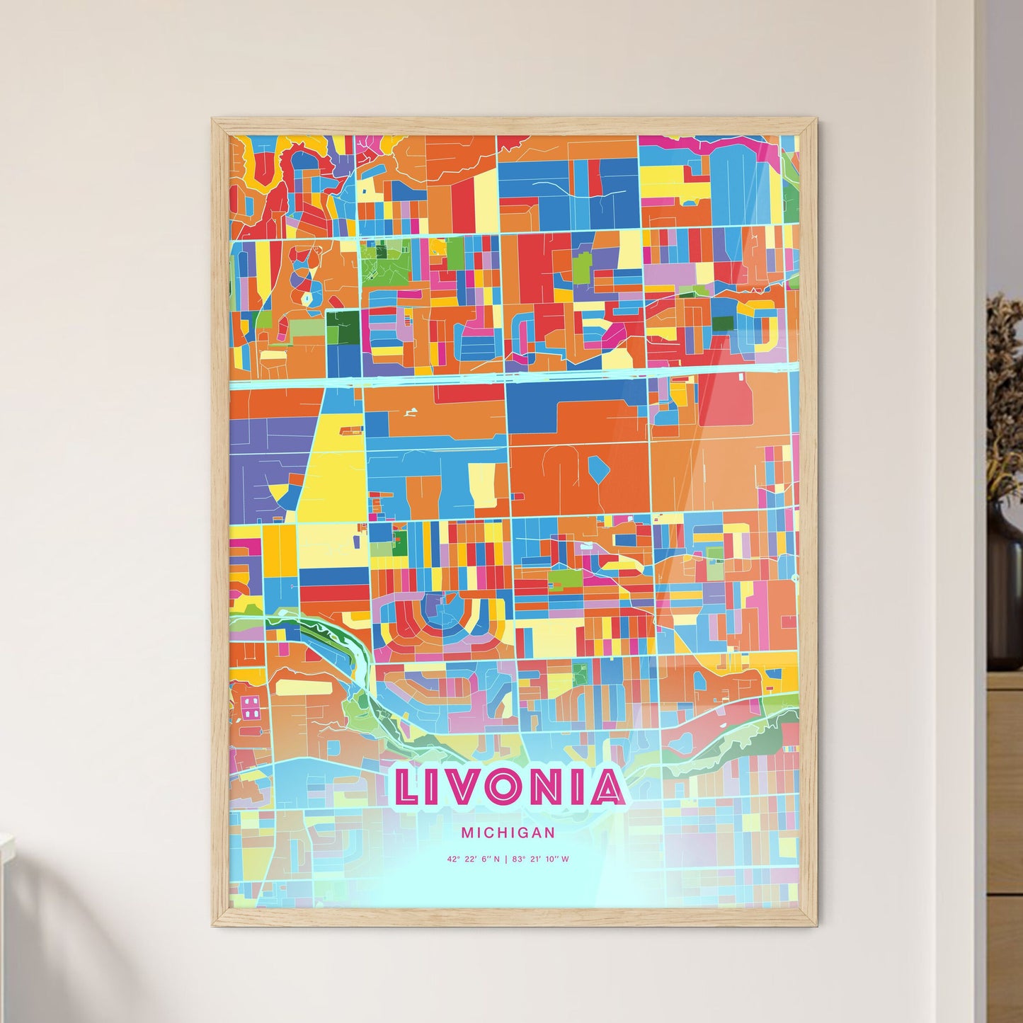Colorful LIVONIA MICHIGAN Fine Art Map Crazy Colors