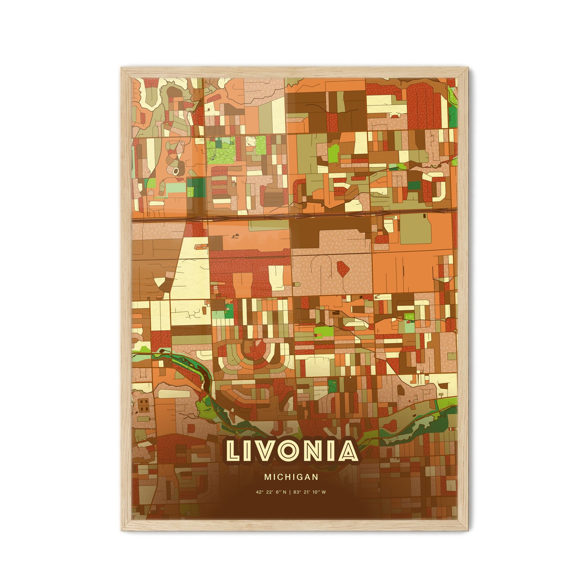 Colorful LIVONIA MICHIGAN Fine Art Map Farmhouse