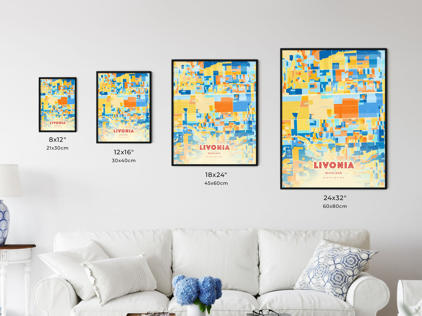 Colorful LIVONIA MICHIGAN Fine Art Map Blue Orange