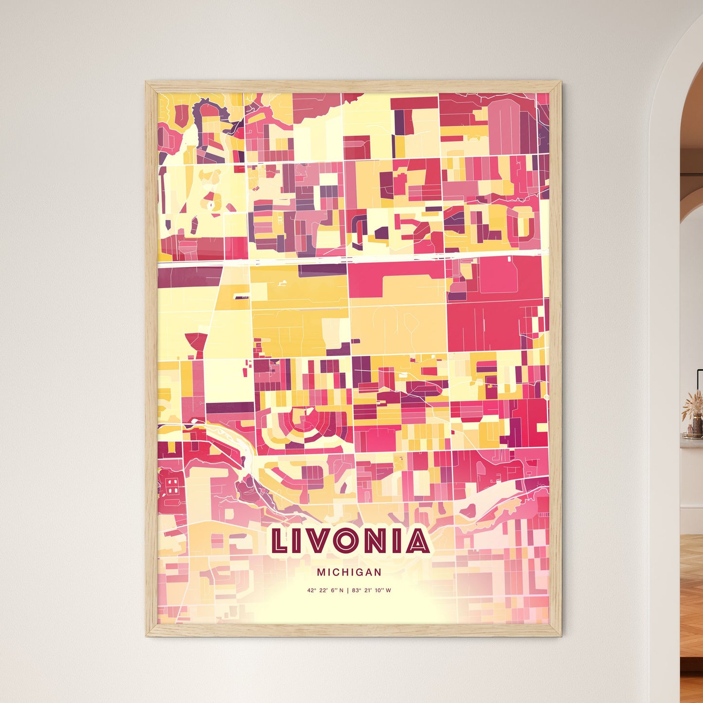 Colorful LIVONIA MICHIGAN Fine Art Map Hot Red