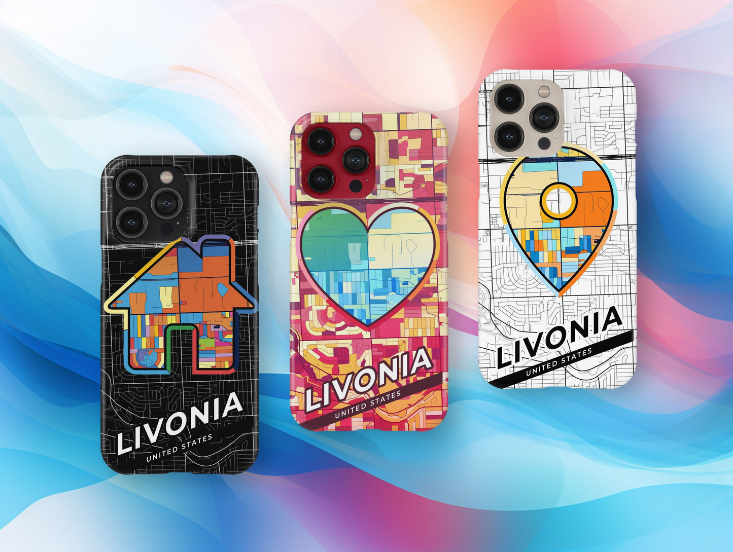 Livonia Michigan slim phone case with colorful icon. Birthday, wedding or housewarming gift. Couple match cases.