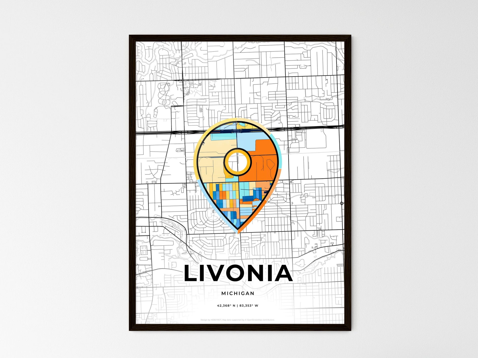 LIVONIA MICHIGAN minimal art map with a colorful icon. Where it all began, Couple map gift. Style 1