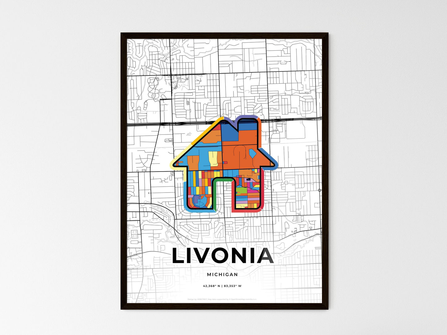 LIVONIA MICHIGAN minimal art map with a colorful icon. Where it all began, Couple map gift. Style 3