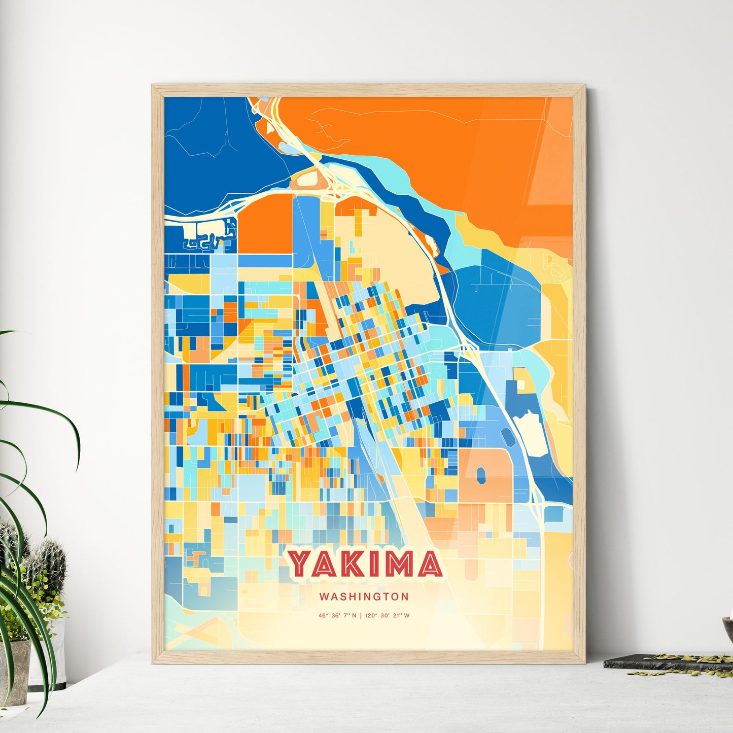 Colorful Yakima Washington Fine Art Map Blue Orange