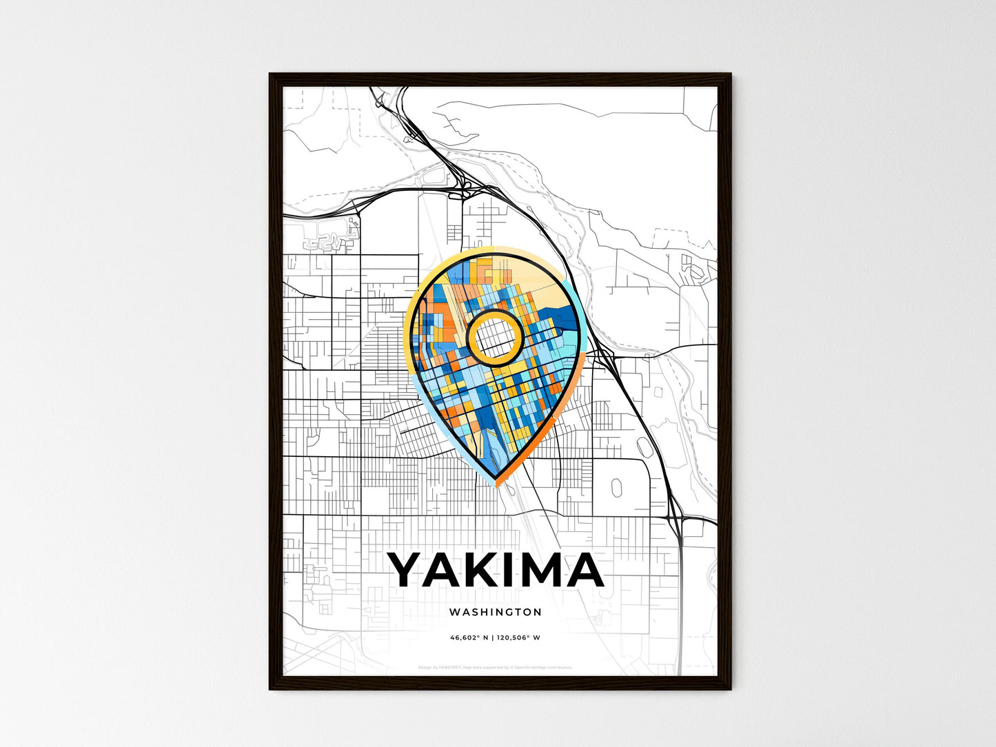 Yakima Washington wedding art map with pointer icon