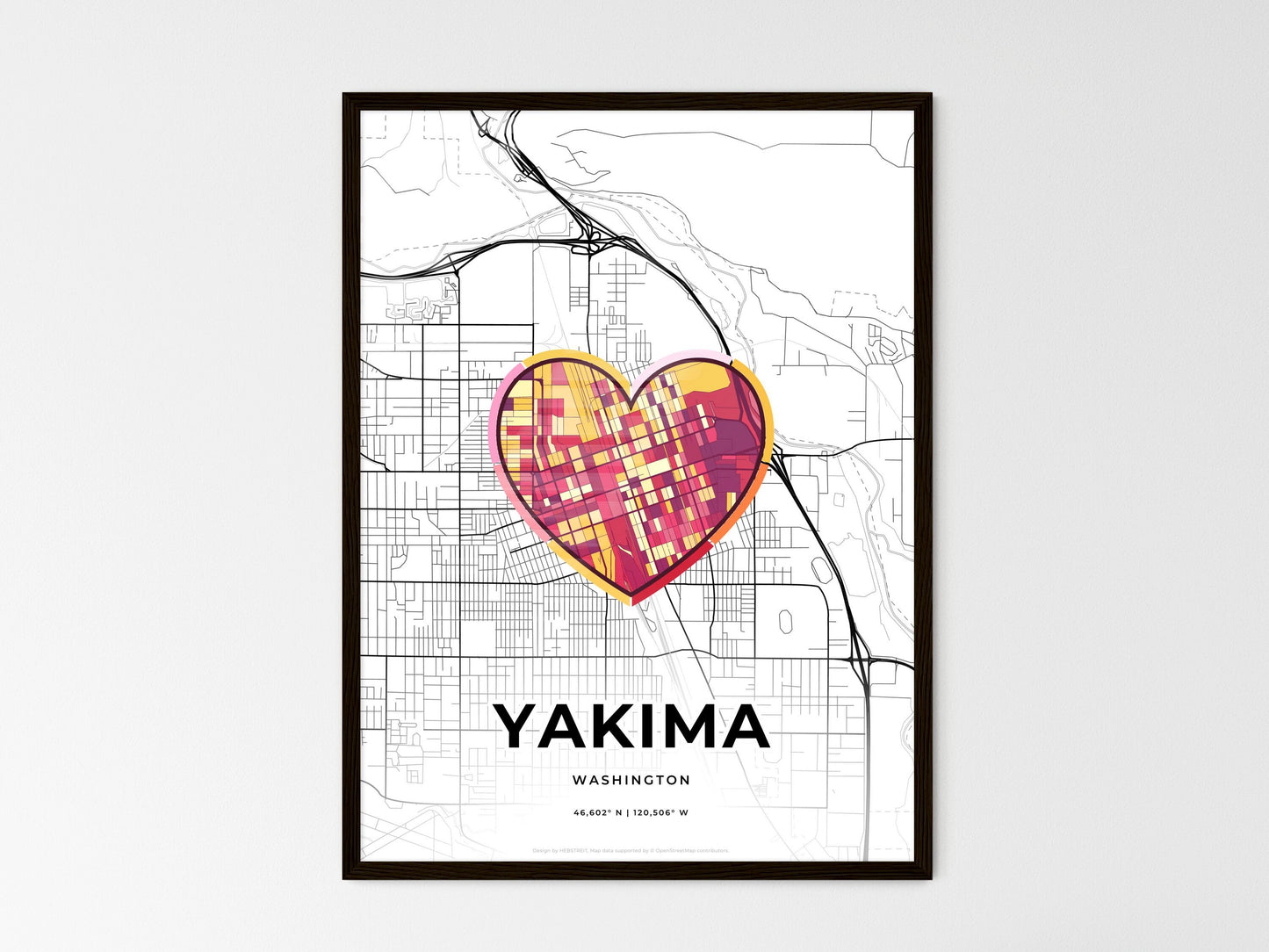 Yakima Washington wedding art map with heart icon