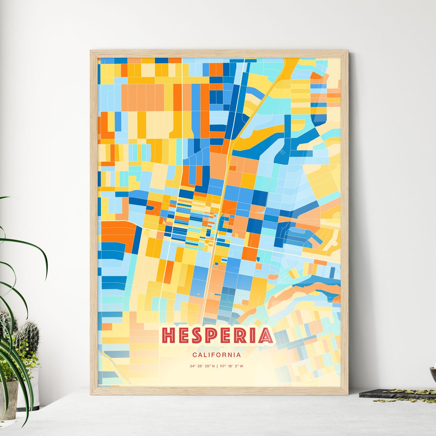 Colorful HESPERIA CALIFORNIA Fine Art Map Blue Orange