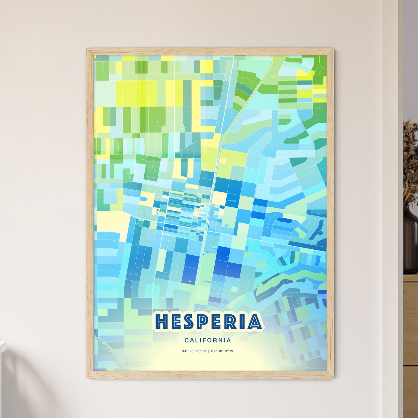 Colorful HESPERIA CALIFORNIA Fine Art Map Cool Blue