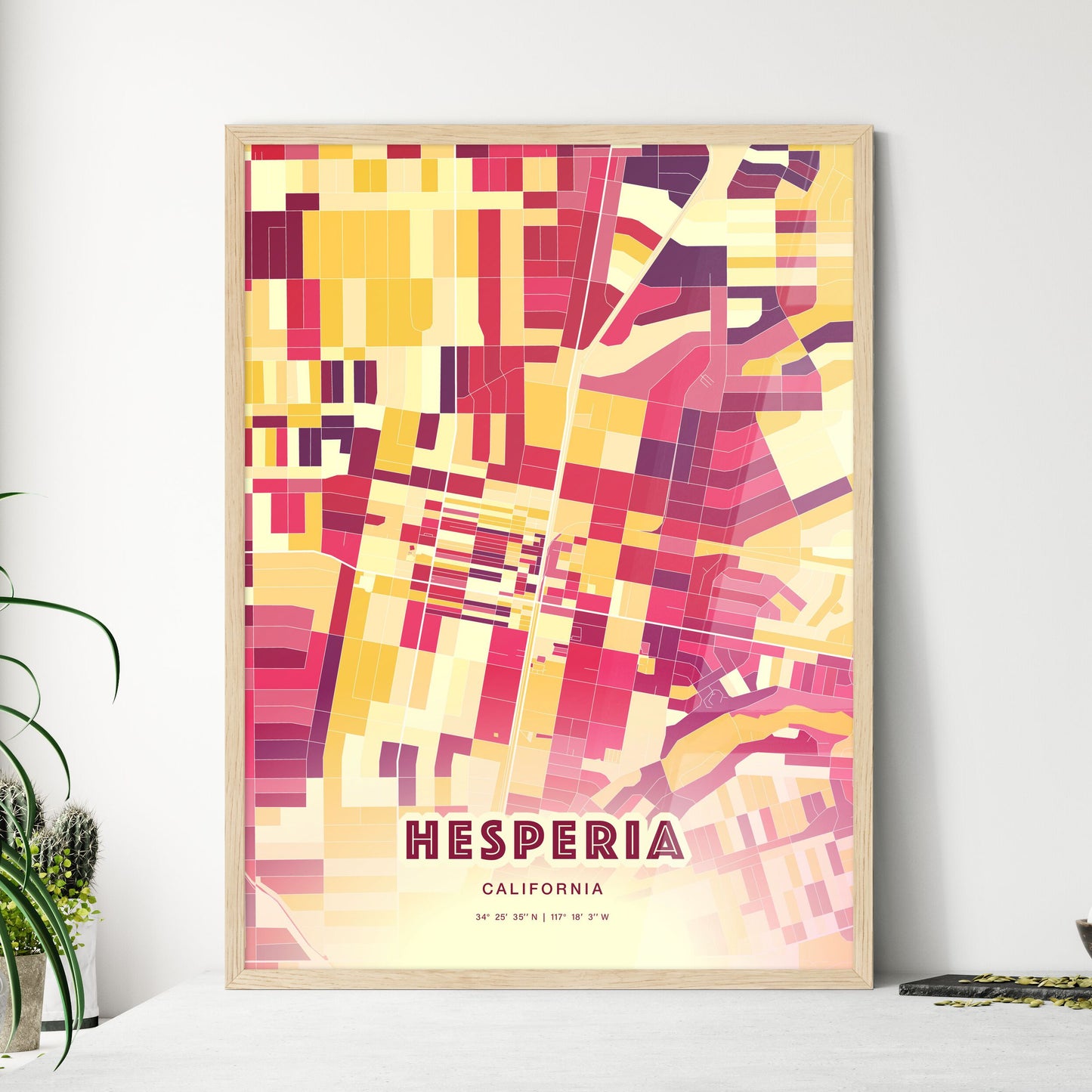 Colorful HESPERIA CALIFORNIA Fine Art Map Hot Red