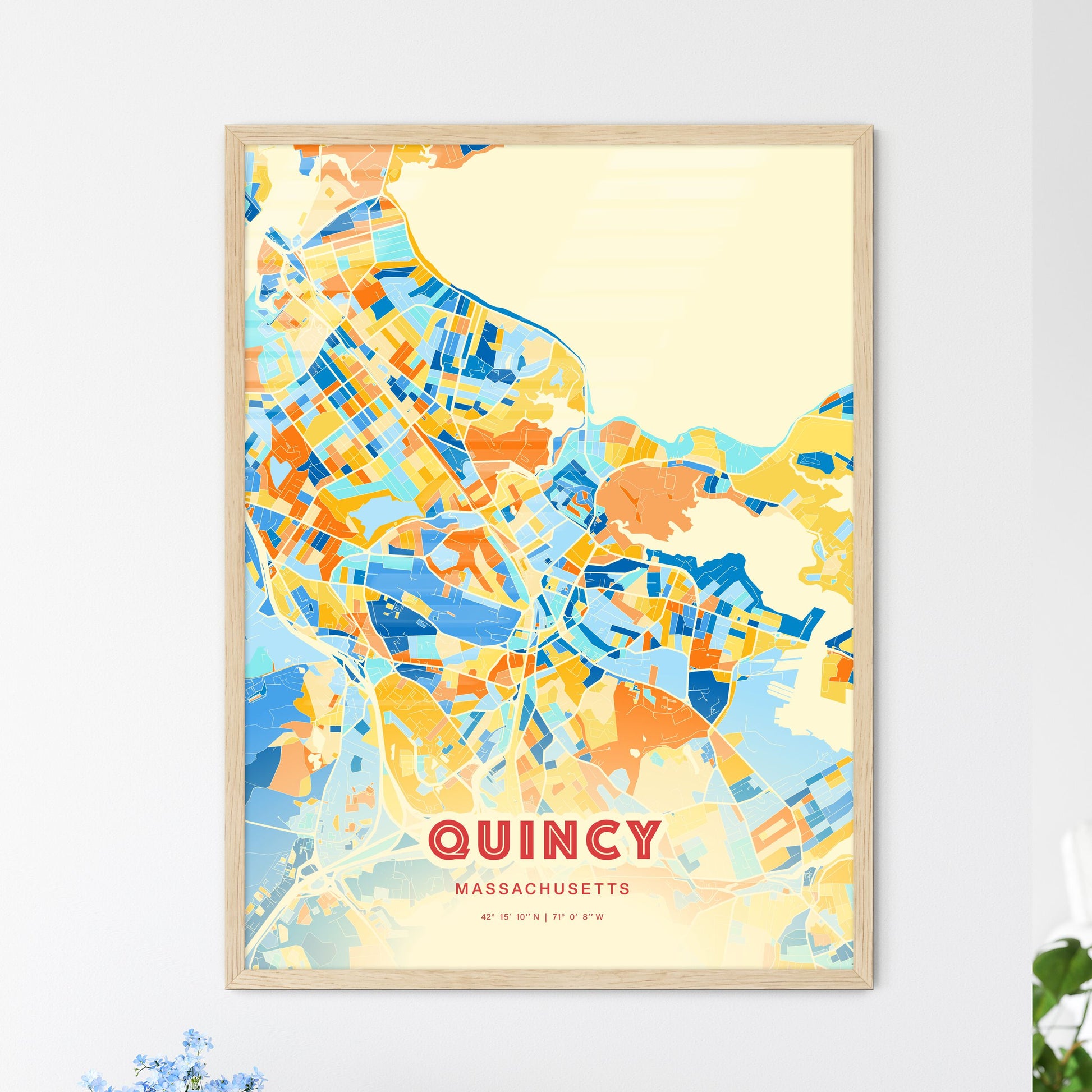 Colorful Quincy Massachusetts Fine Art Map Blue Orange