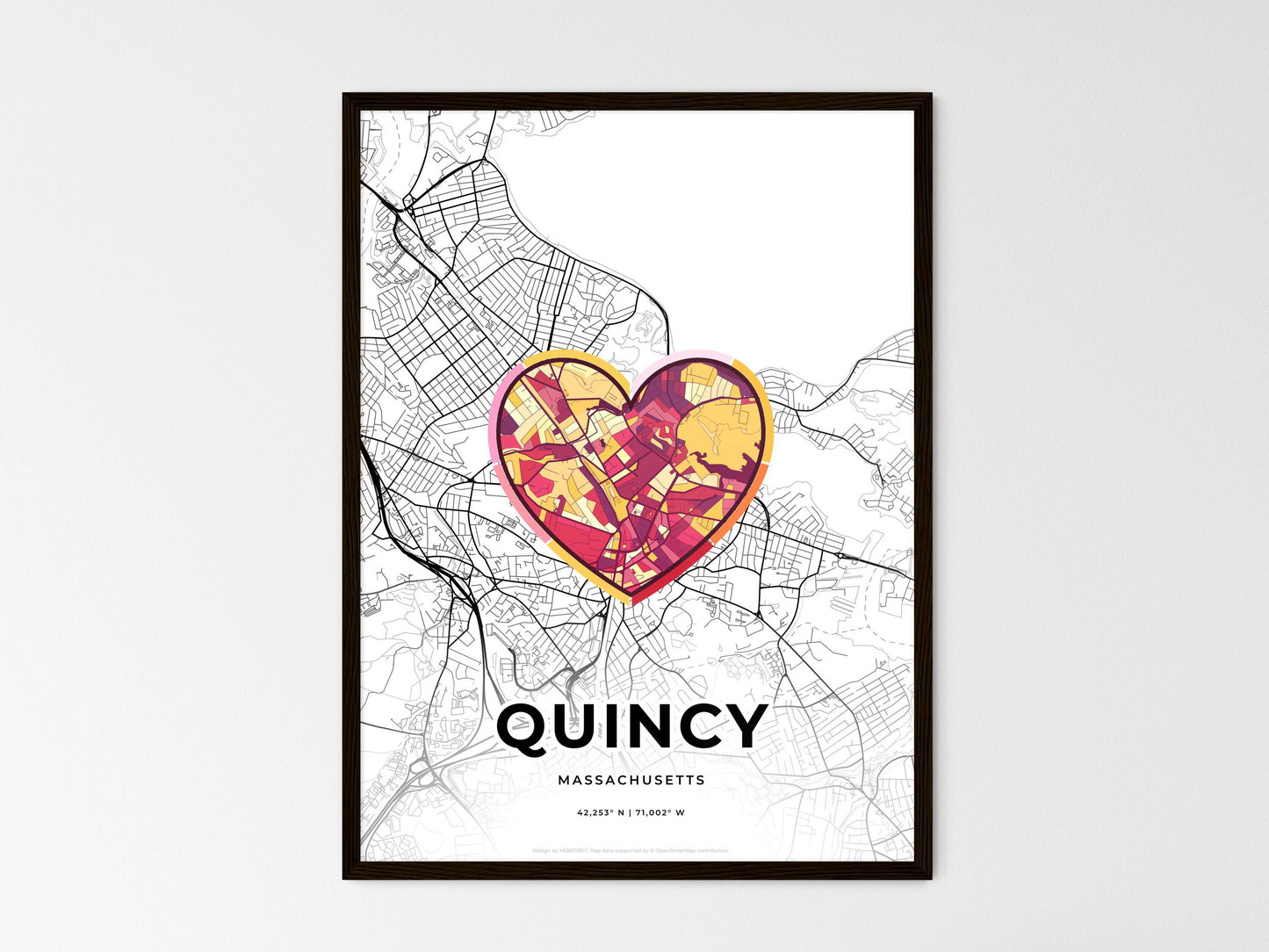 Quincy Massachusetts wedding art map with heart icon