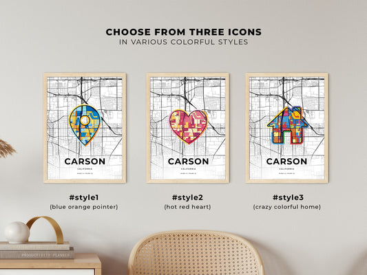 Carson California maps with colorful icons