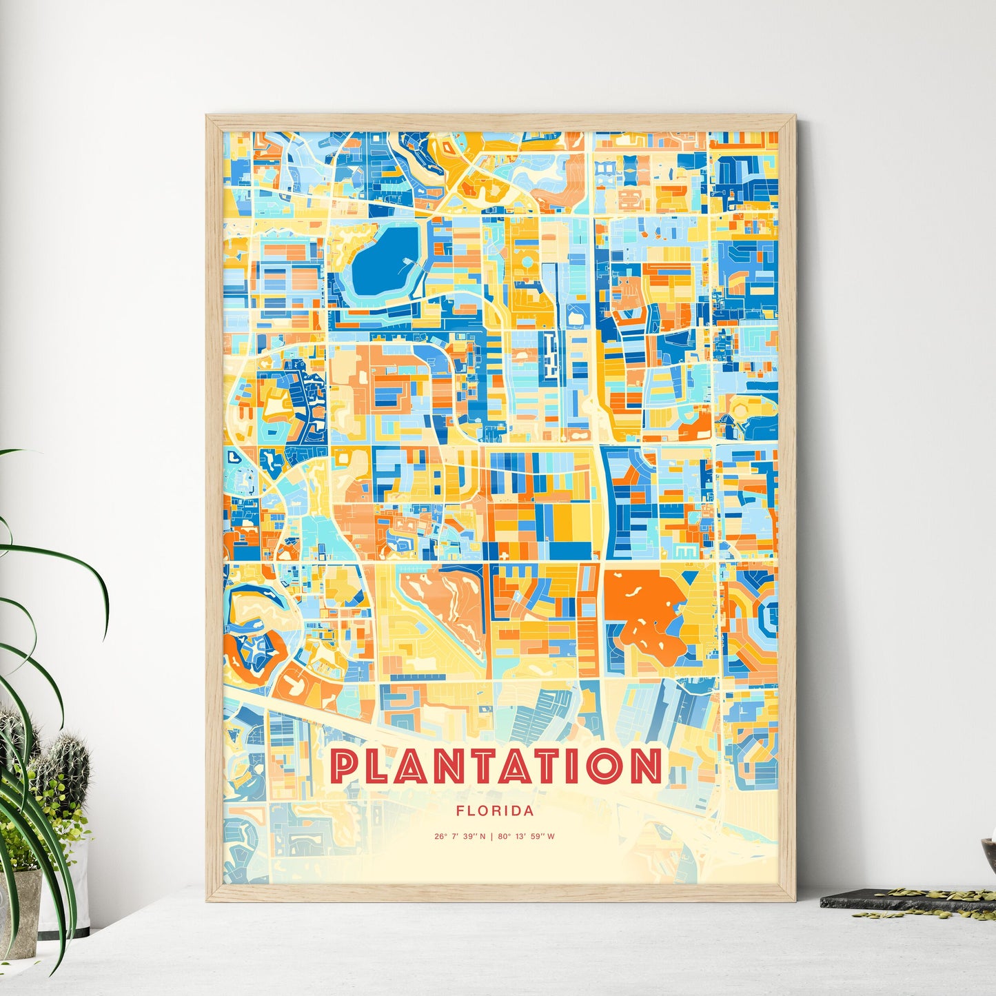 Colorful Plantation Florida Fine Art Map Blue Orange
