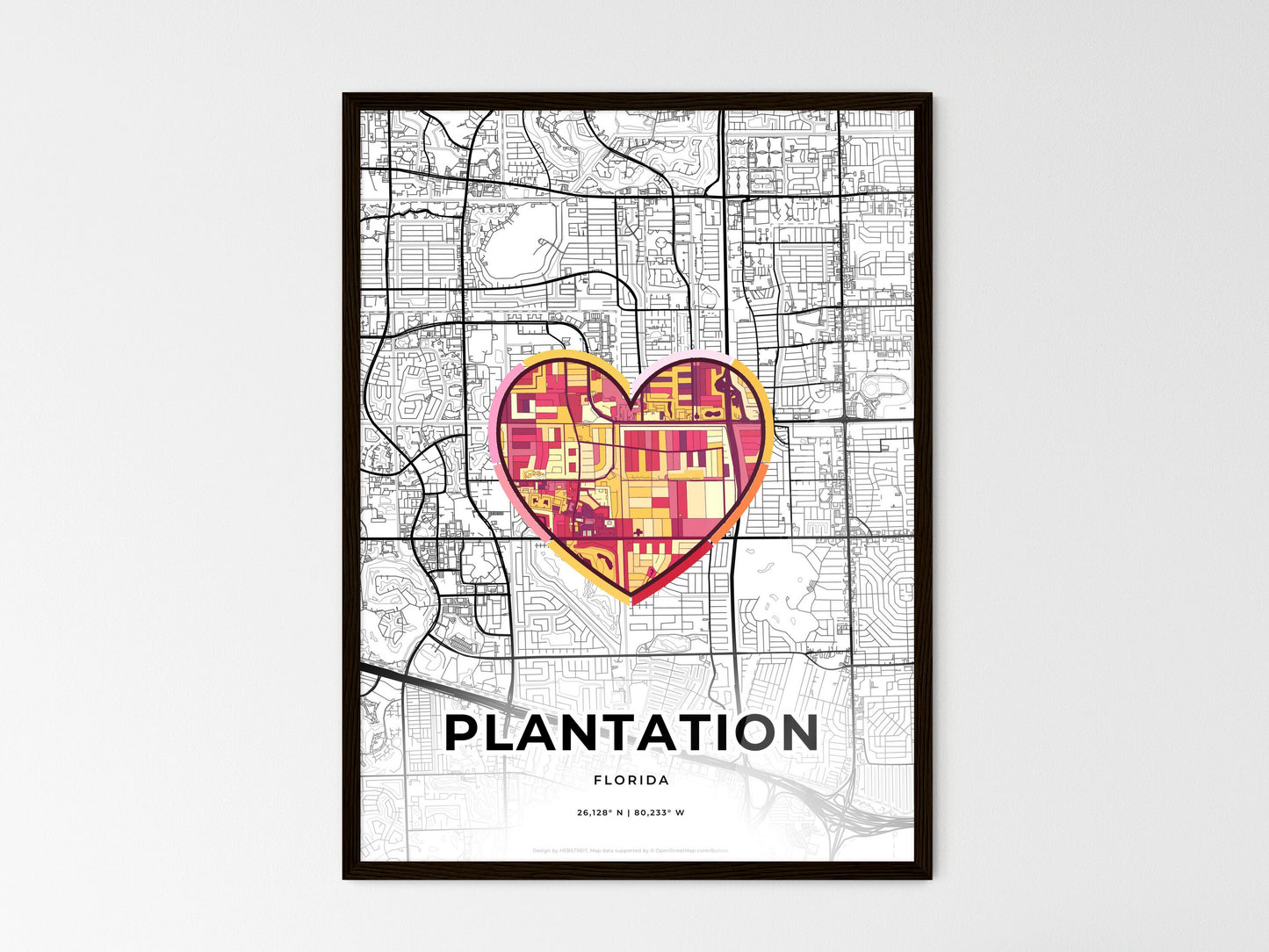 Plantation Florida wedding art map with heart icon