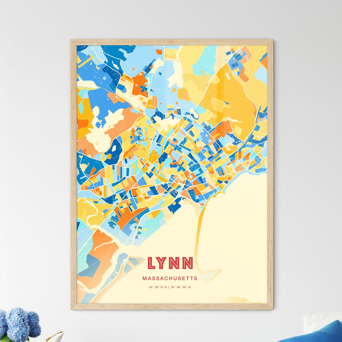 Colorful Lynn Massachusetts Fine Art Map Blue Orange
