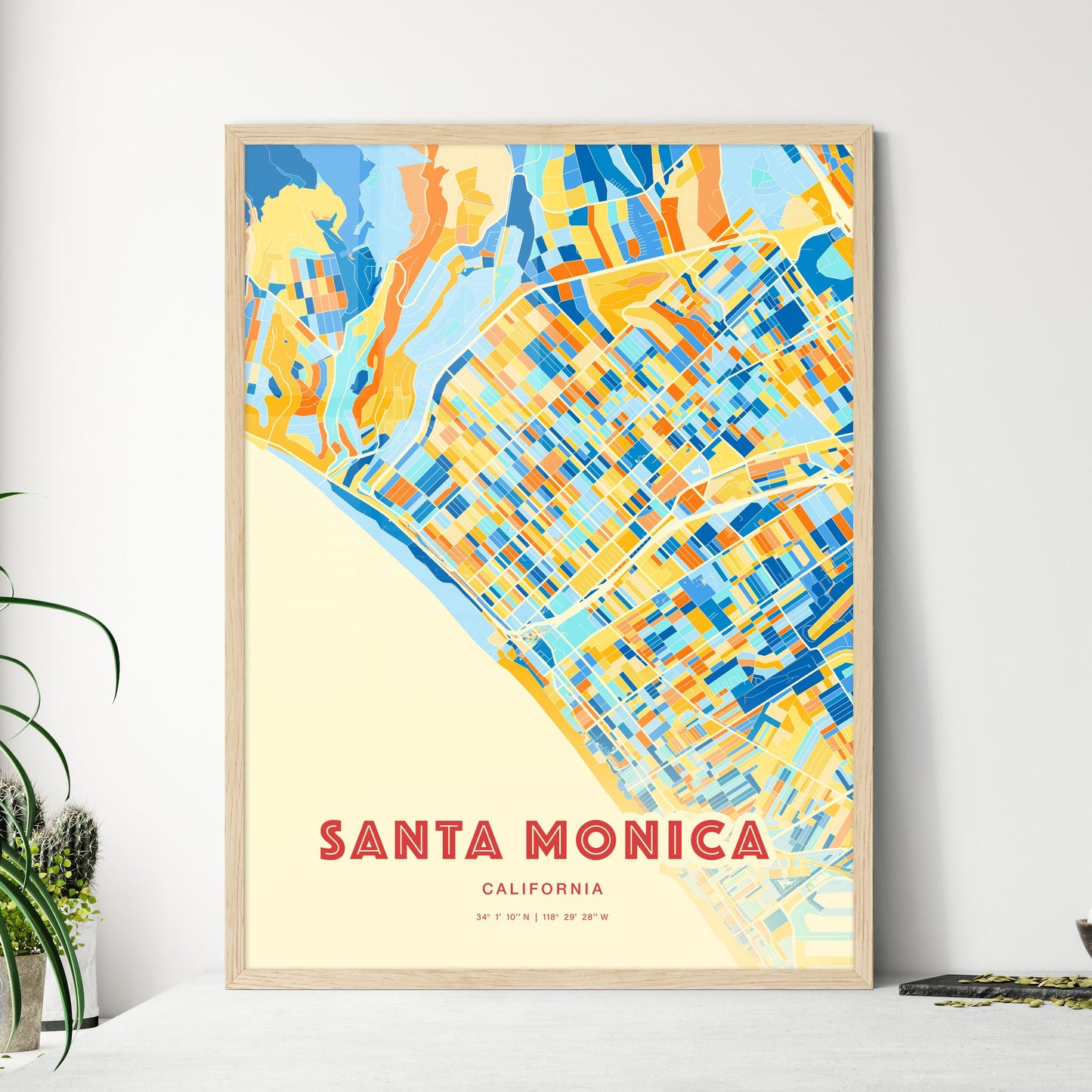 Colorful Santa Monica California Fine Art Map Blue Orange