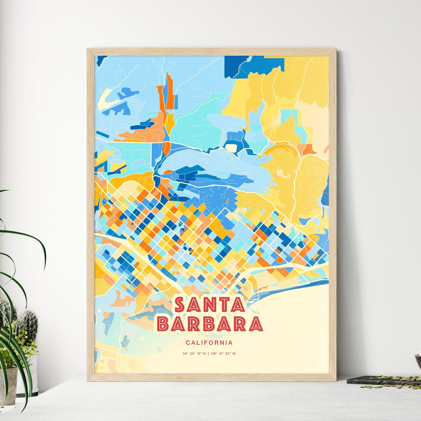 Colorful Santa Barbara California Fine Art Map Blue Orange