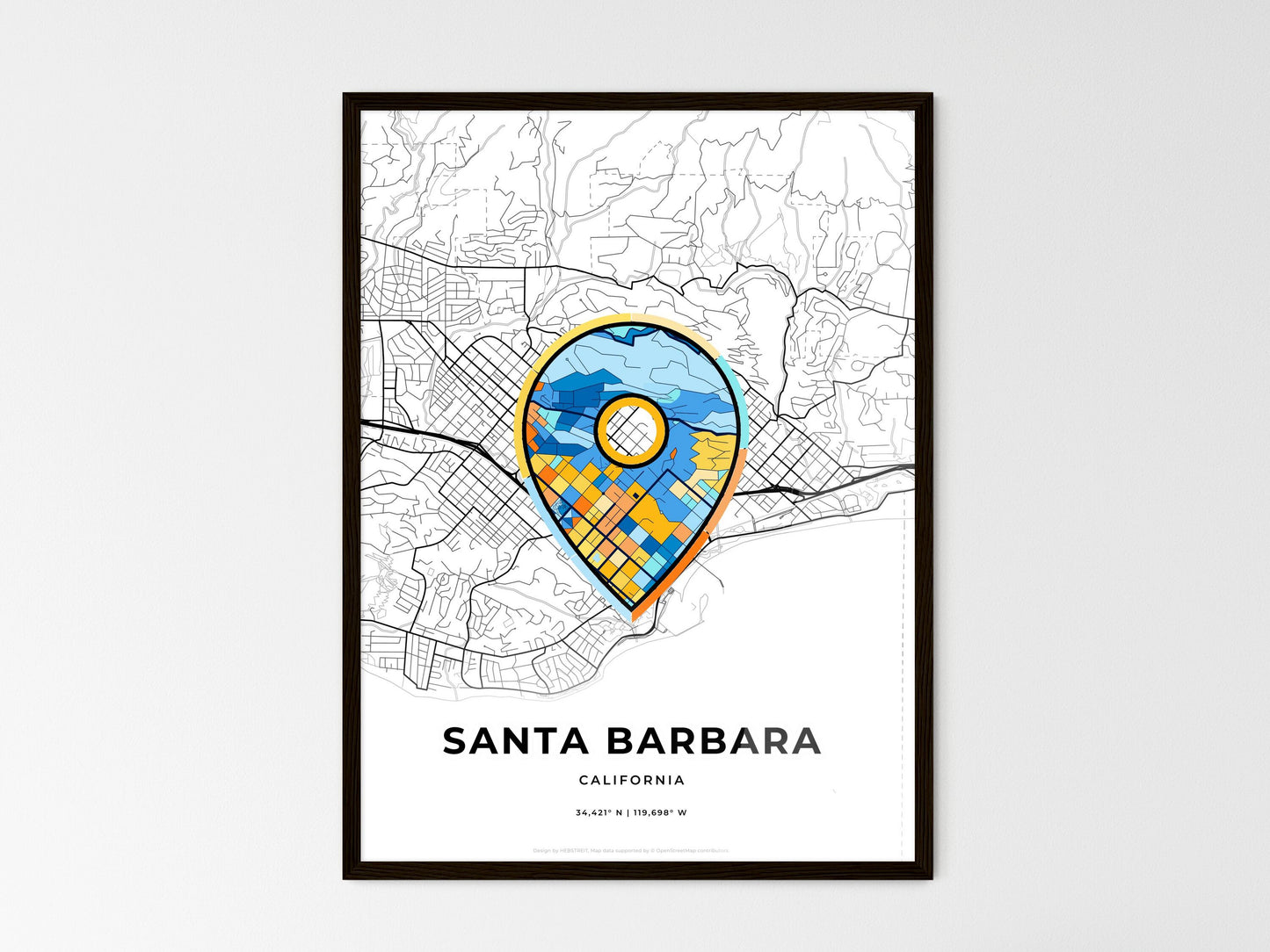 Santa Barbara California wedding art map with pointer icon
