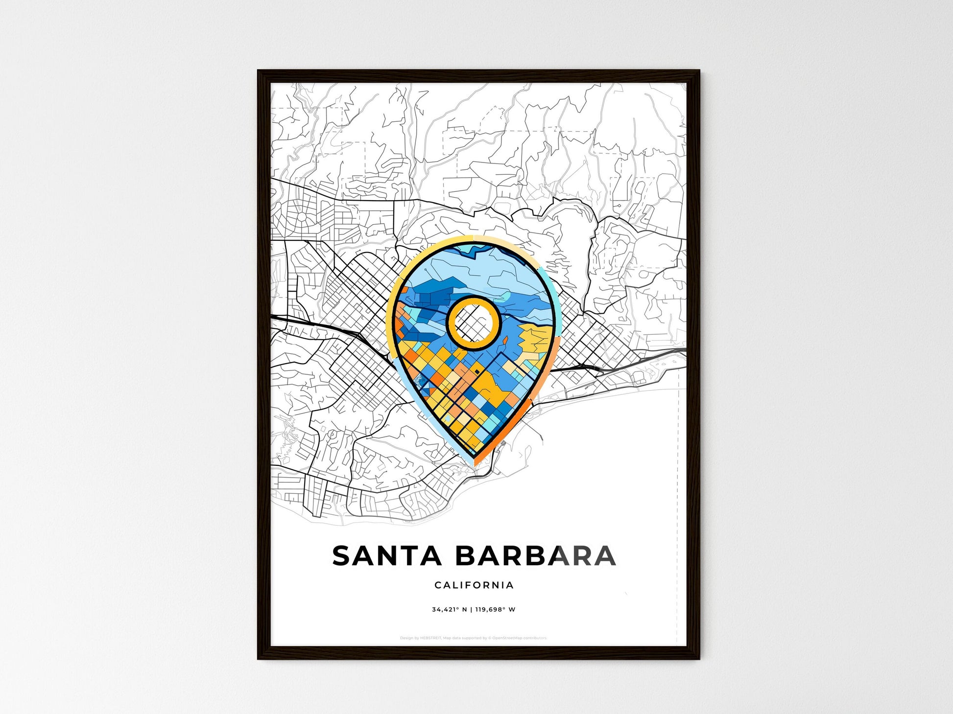 Santa Barbara California wedding art map with pointer icon