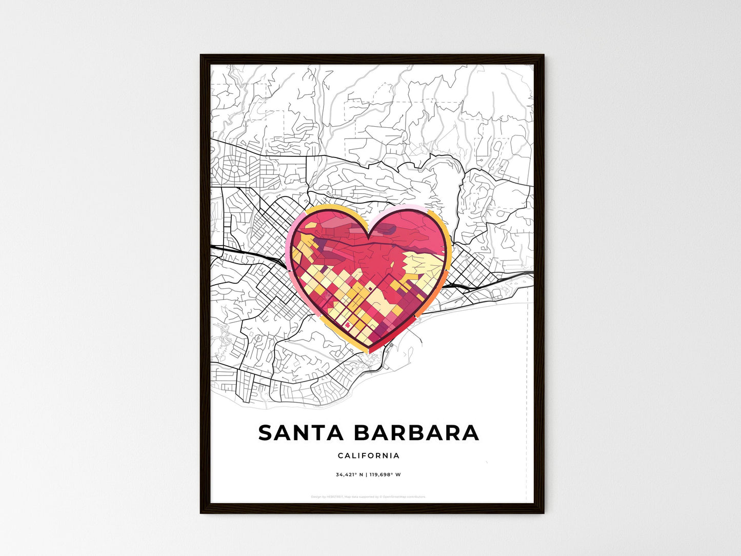 Santa Barbara California wedding art map with heart icon