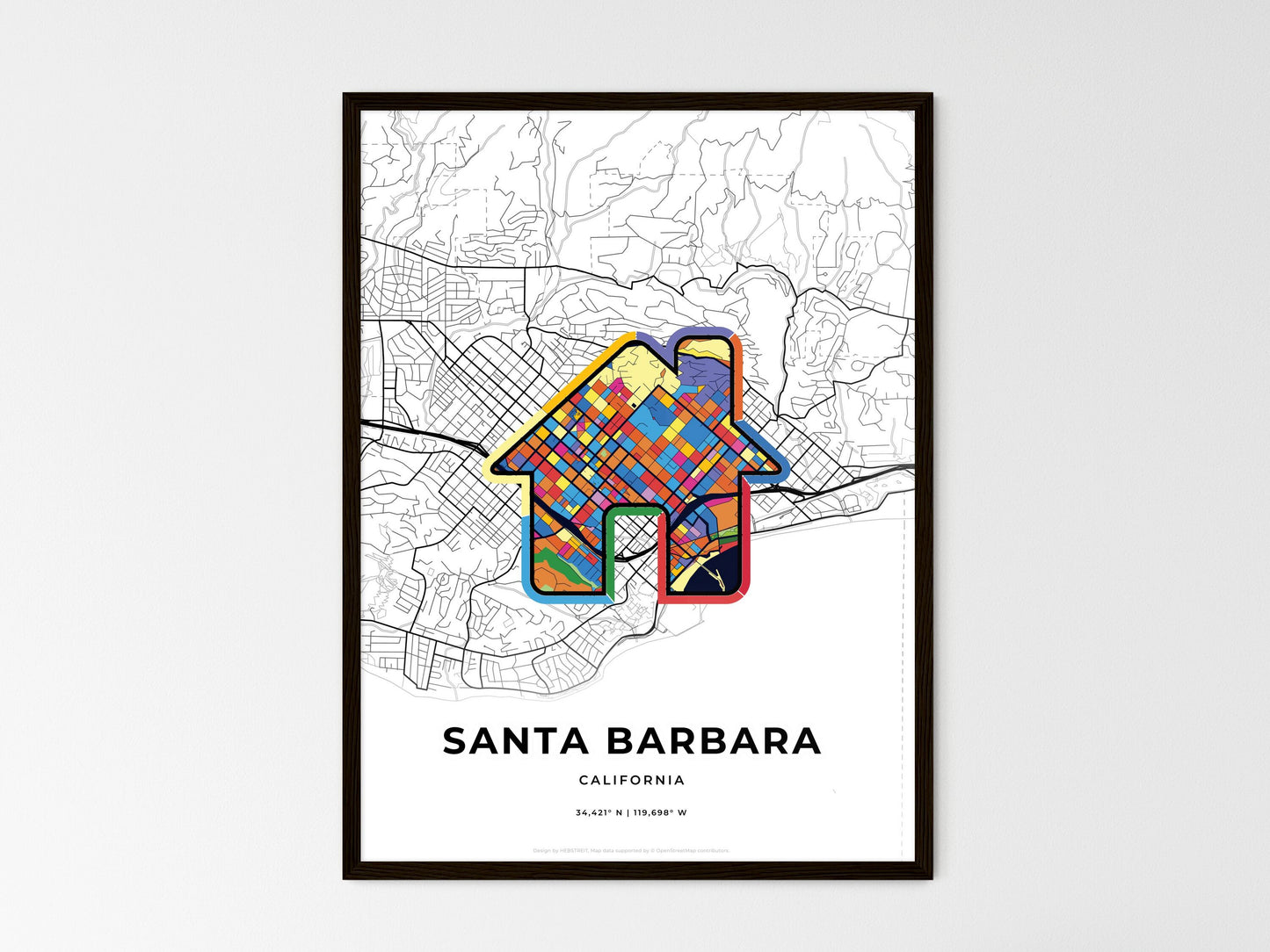Santa Barbara California wedding art map with home icon