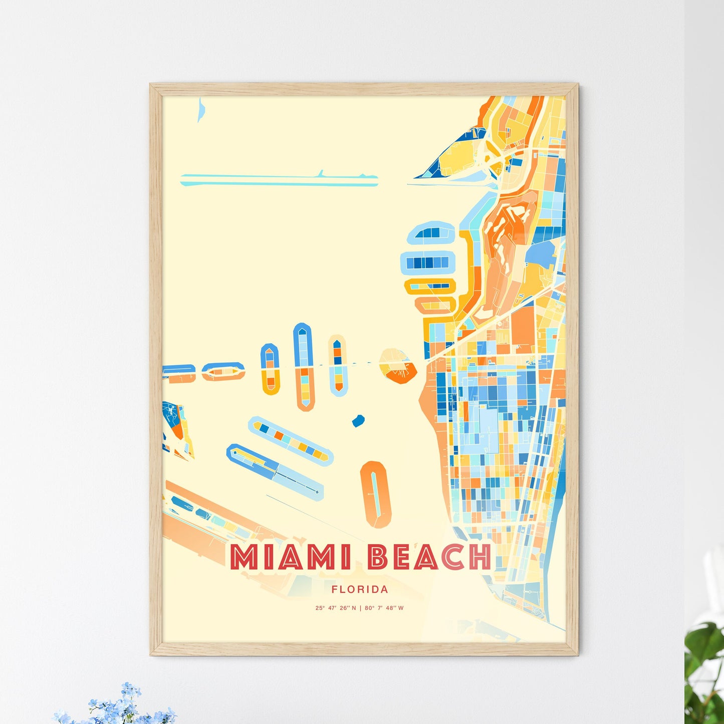 Colorful Miami Beach Florida Fine Art Map Blue Orange