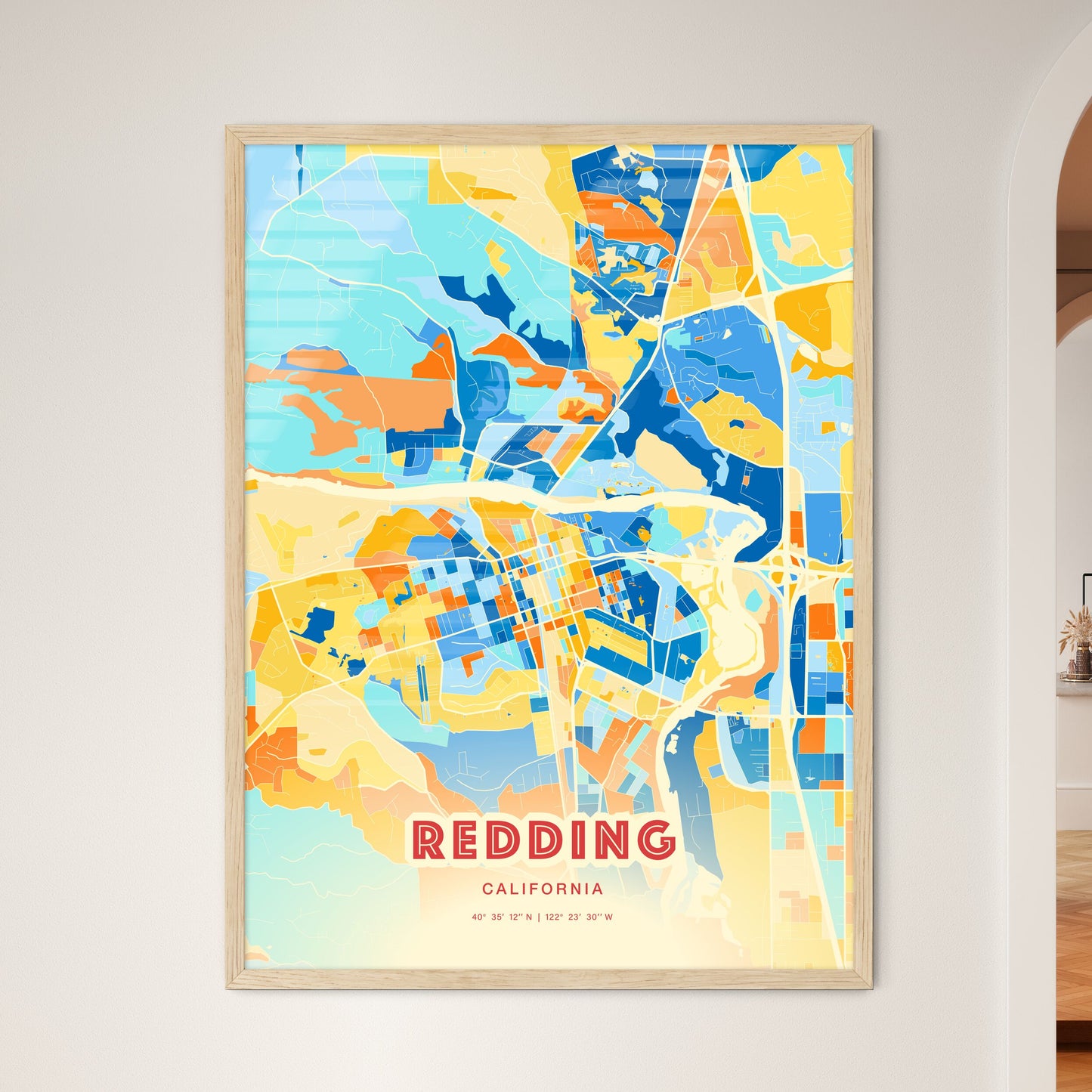 Colorful Redding California Fine Art Map Blue Orange