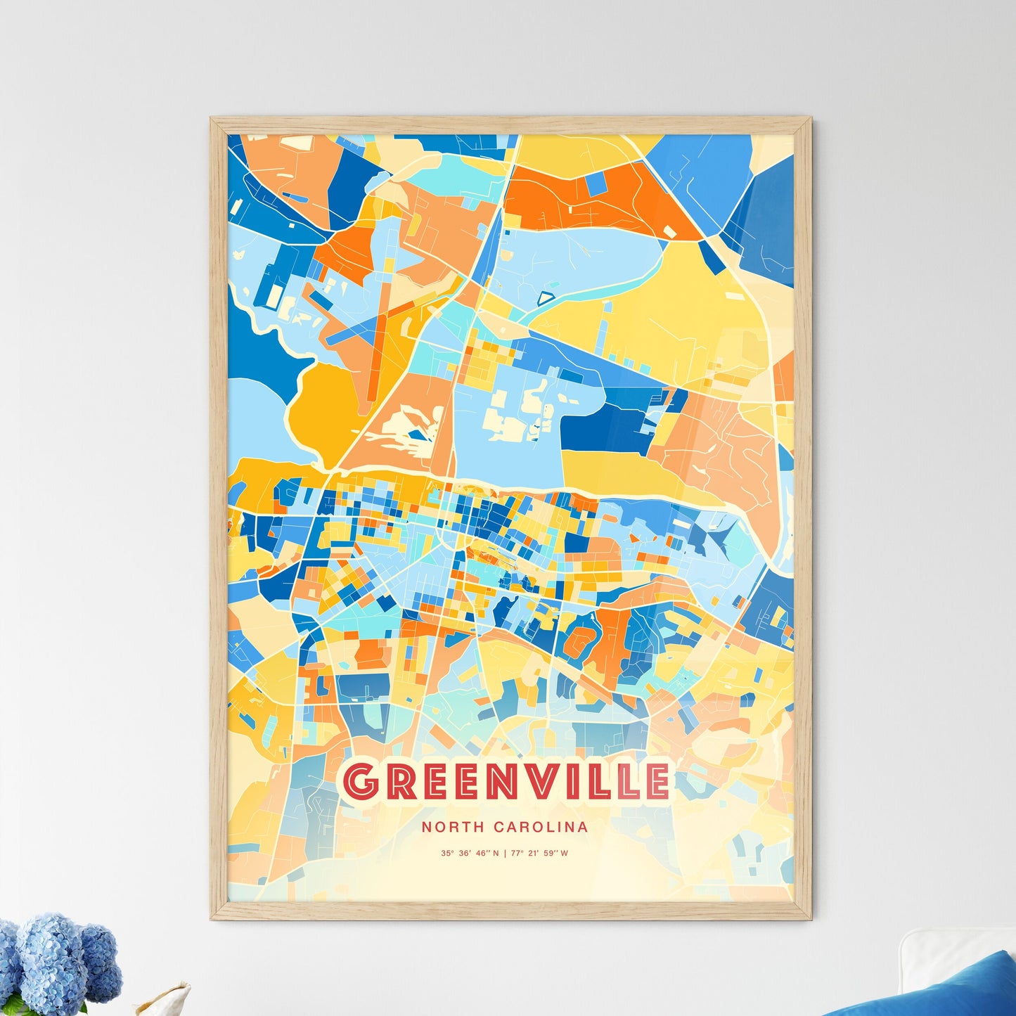 Colorful Greenville North Carolina Fine Art Map Blue Orange