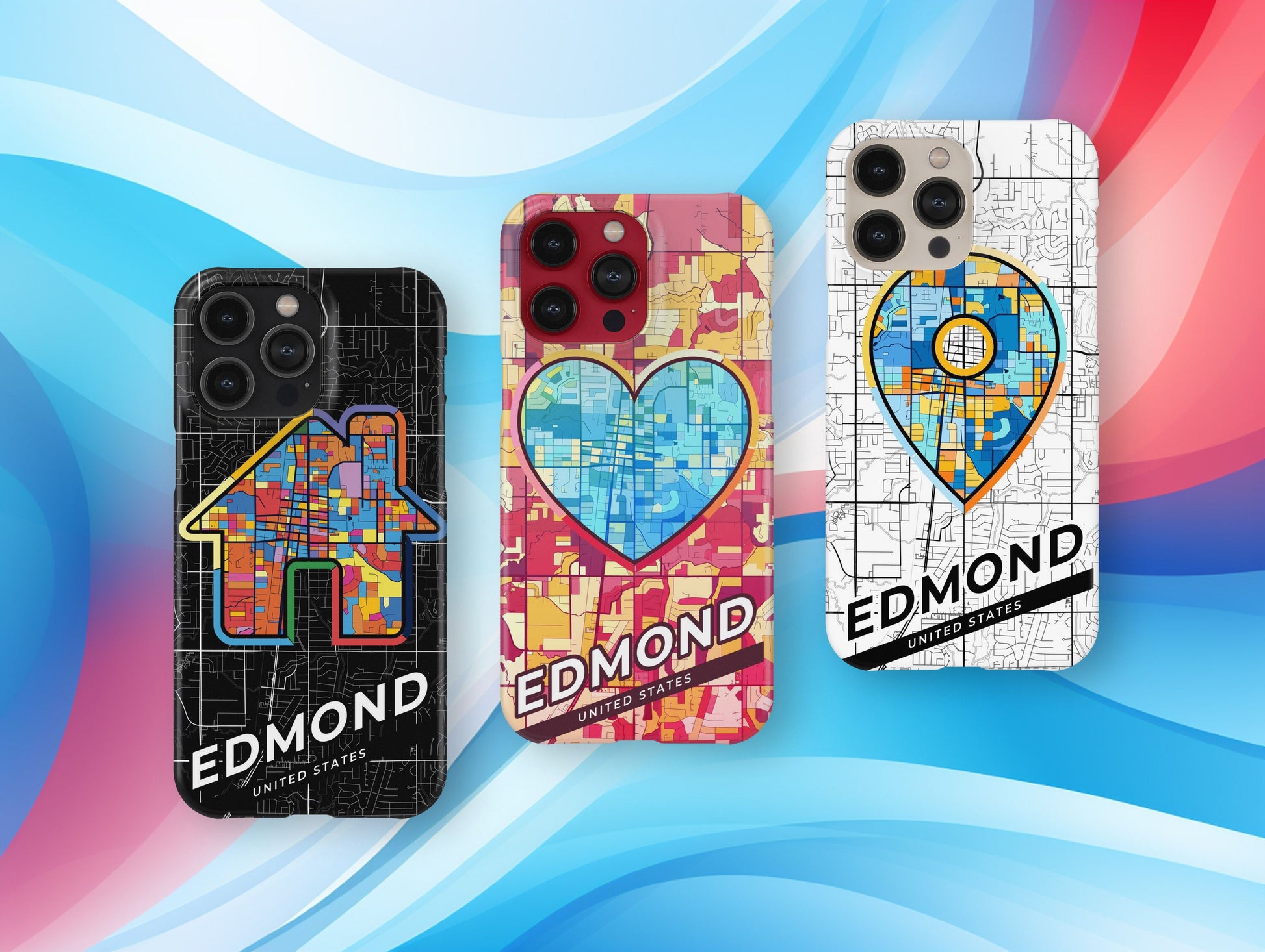 Edmond Oklahoma slim phone case with colorful icon. Birthday, wedding or housewarming gift. Couple match cases.