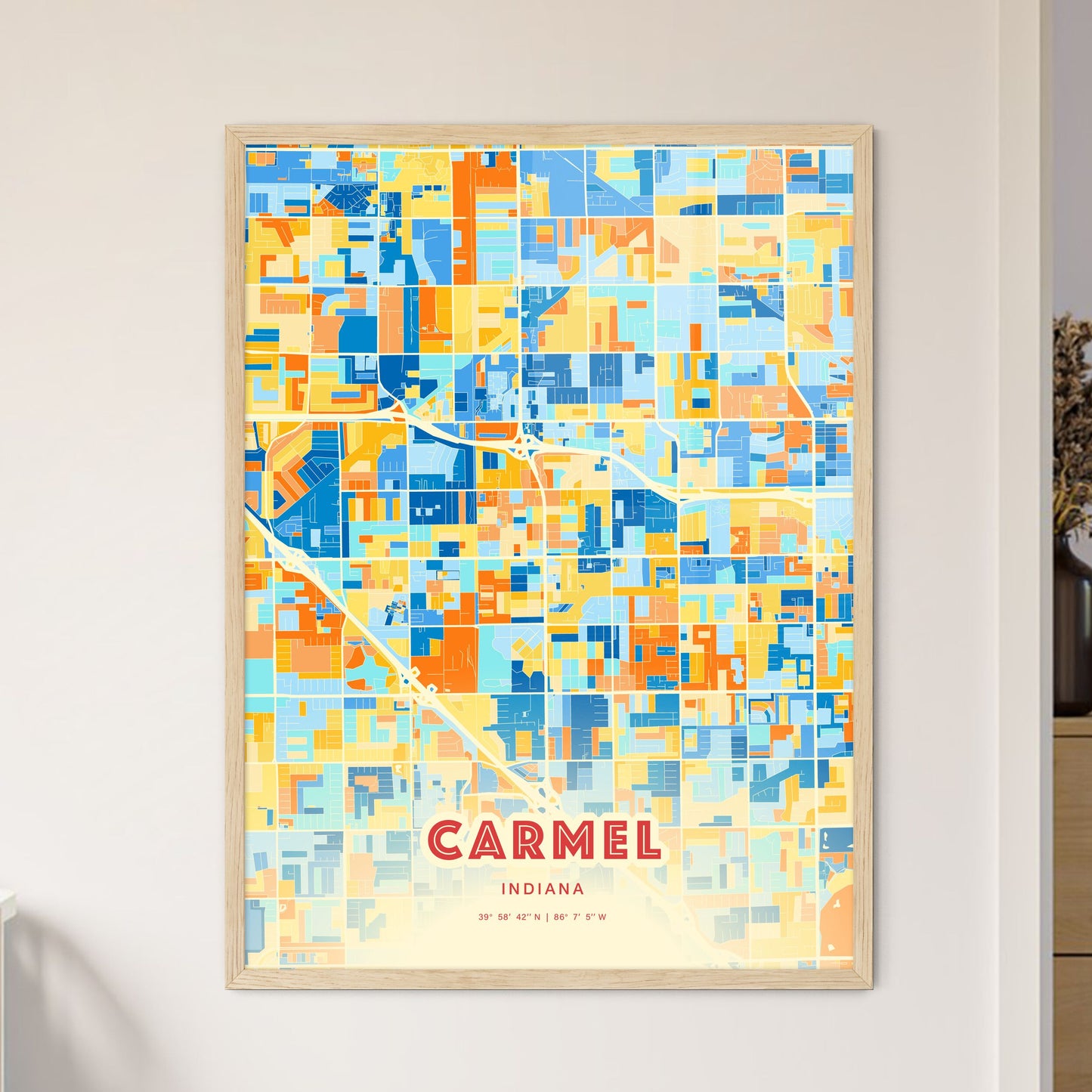Colorful Carmel Indiana Fine Art Map Blue Orange