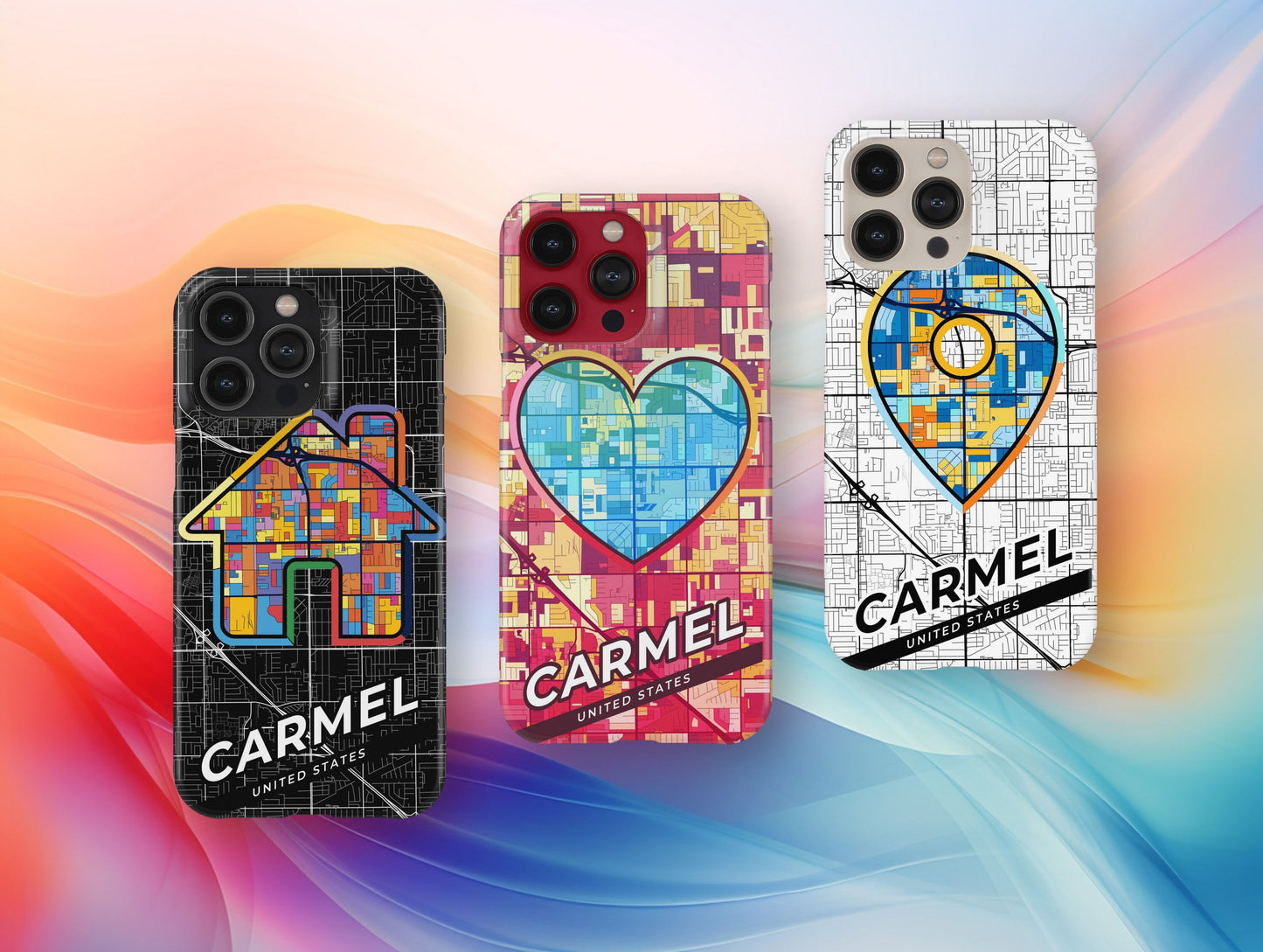 Carmel Indiana slim phone case with colorful icon. Birthday, wedding or housewarming gift. Couple match cases.