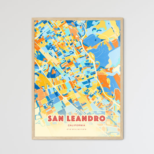 Colorful San Leandro California Fine Art Map Blue Orange