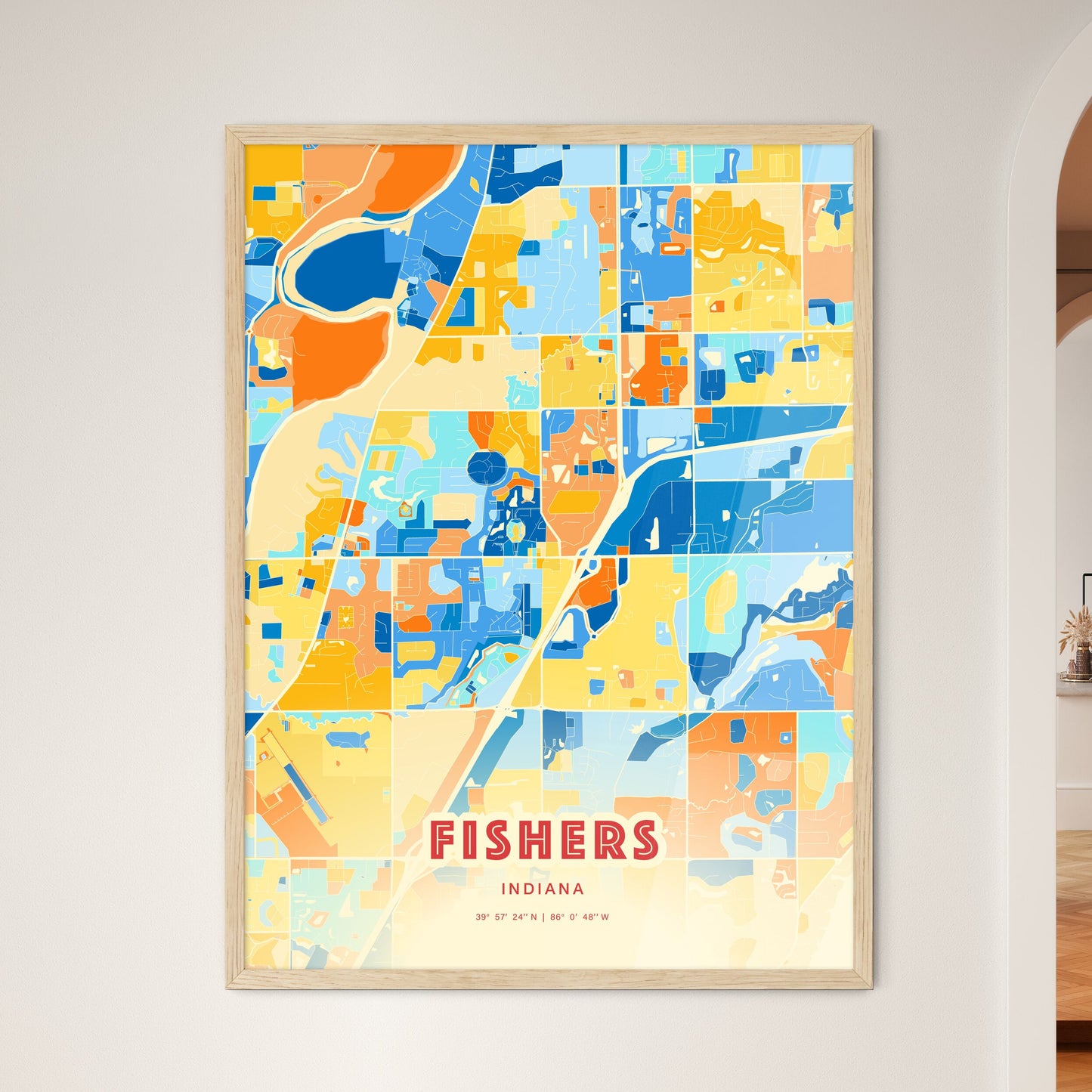 Colorful FISHERS INDIANA Fine Art Map Blue Orange